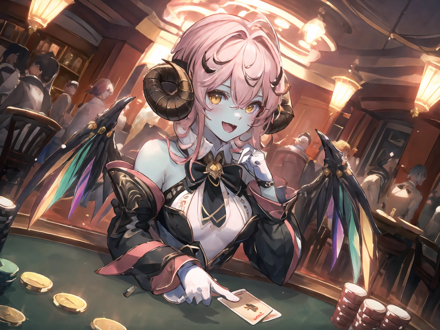 masterpiece,best quality,highres,cinematic lighting,dramatic angle,1girl,<lora:ShadowverseShowdownDemonV1-000019:0.8:lbw=forte>,pink hair,horns,blue skin, yellow eyes,white leotard,detached sleeves,wide sleeves,bare shoulders,gloves,holding card,casino,:d,blush,looking at viewer,detached collar,bowtie,ribbon,tail,jewelry,wings,bent over,straight-on,chair,pov,pov across table,poker chip,poker table,poker,upper body,small breasts