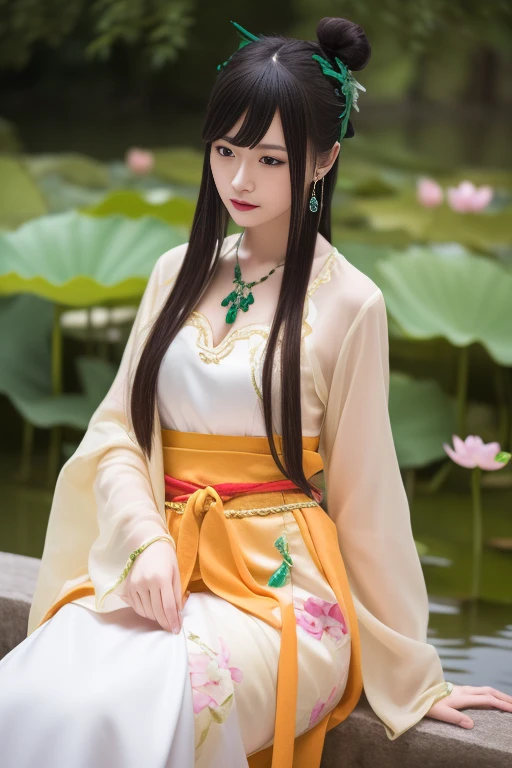ltra-detailed,highly detailed,best quality,masterpiece,illustration,realistic,photorealistic,
tangyurou, 1girl, solo, 
china dress, chinese clothes, hanfu, long sleeves, shawl, jewelry, necklace, 
long hair, hair ornament, hair bun, bangs, 
sitting, cowboy shot, 
flower, outdoors, lotus, garden, water, 
 <lora:tangyurou_v1_05:0.6>