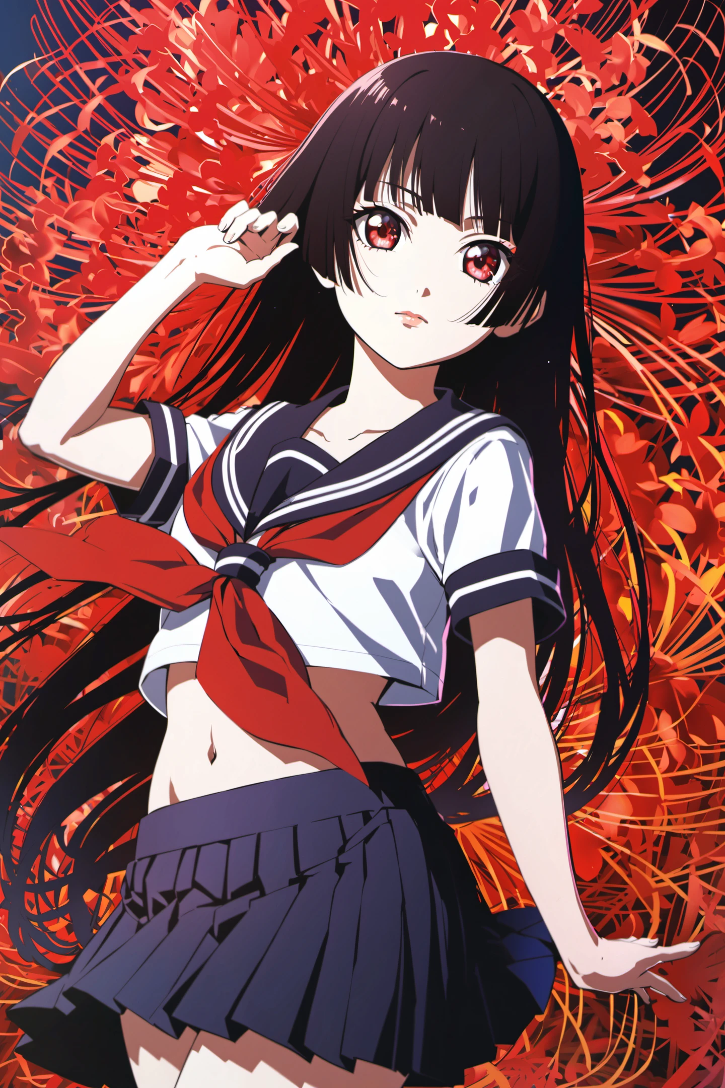 Enma Ai, 1girl, flower, solo, long hair, spider lily, skirt, school uniform, red eyes, black hair, serafuku, pleated skirt, navel, black skirt, bangs, short sleeves, neckerchief, red flower, looking at viewer, midriff peek, sailor collar, closed mouth, red neckerchief, shirt, blunt bangs, hand up, white shirt, midriff, standing, <lora:JigokuShoujo_XL:0.8>