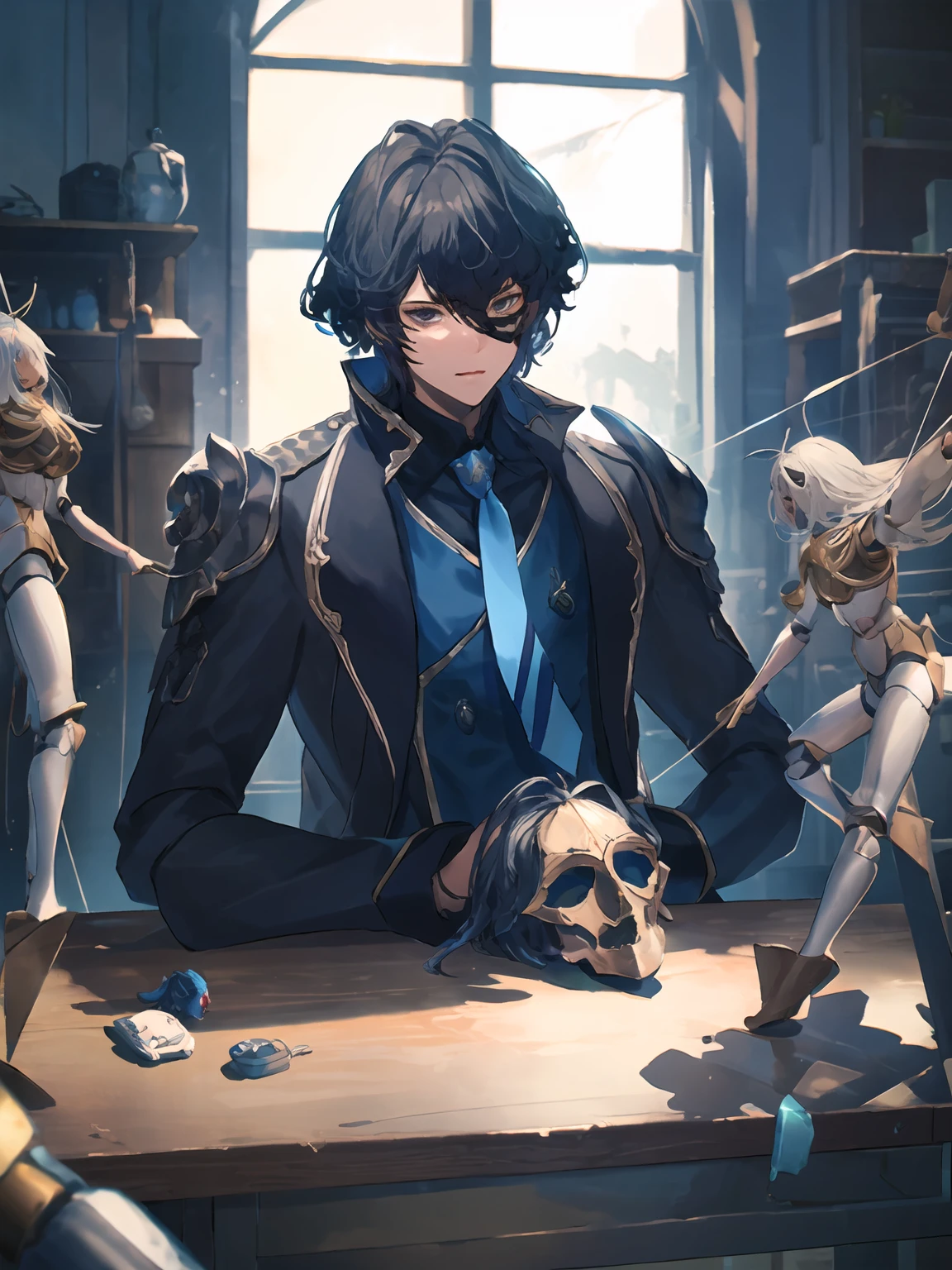 masterpiece,best quality,highres,cinematic lighting,dramatic angle,<lora:ShadowverseLyelthV3-000030:0.8>,1boy,black suit,blue shirt,necktie,black hair,black eyes,armor,looking at viewer,workshop,adjusting dolls on table,marinoette on table,doll on table,toy on table,parts,string,sitting,desk,holding carpentry tools,across table,portrait,close-up,glowing,marionette with white hair and mask