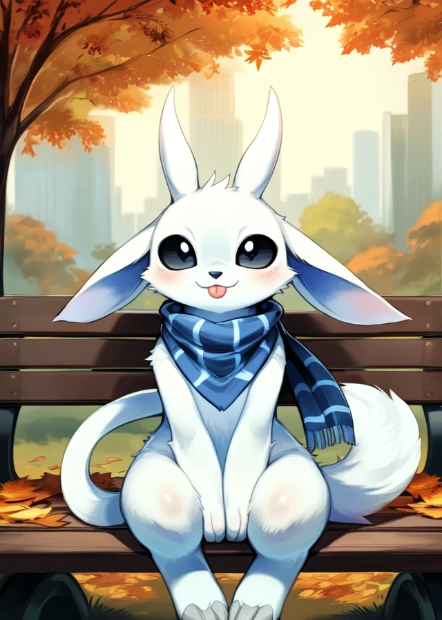 (by Studio Ghibli, by Kemokin Mania, by Rikose, by Tofu Froth),
solo (fluffy ori \(ori\):1.25), (white fur, tail, black eyes),
(white hooves, blue pattern scarf, blep:1.25),
(sitting on bench, three-quarter portrait, front view:1.25),
BREAK,
(park, plant, city, autumn day:1.2),
(detailed background, depth of field, shadow, sunlight, ambient silhouette, backlighting),
masterpiece, best quality, 4k, 2k, (high detail, shaded:1.25), absurd res
