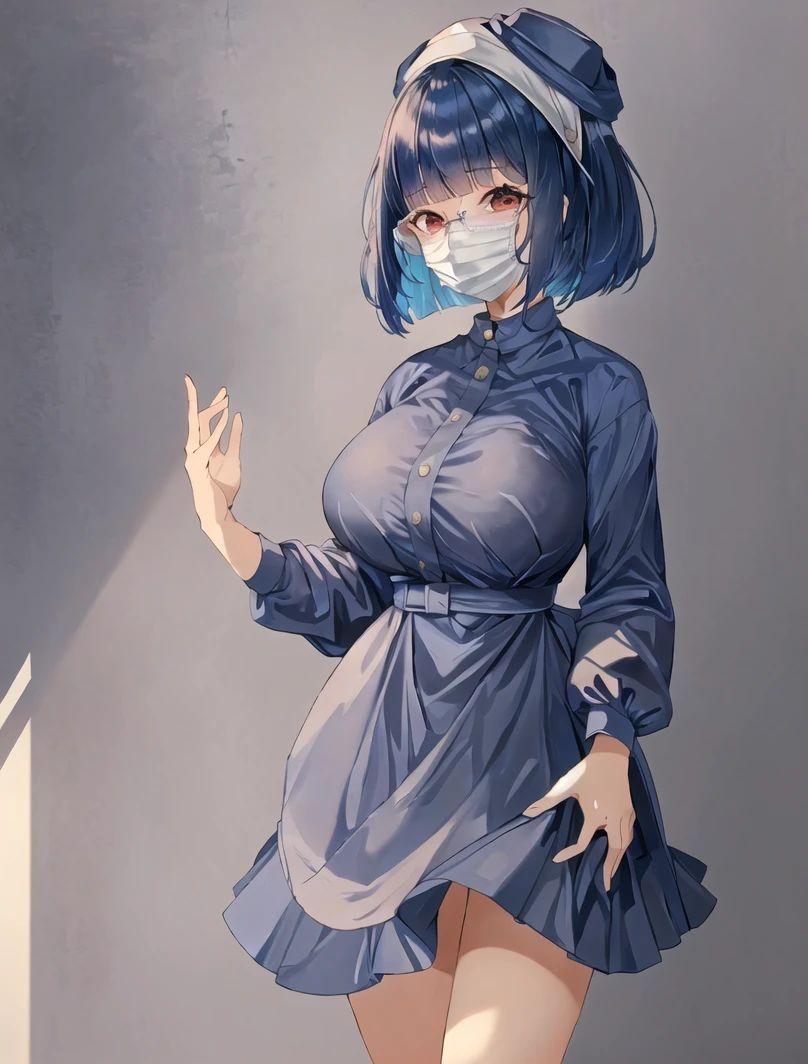 ((masterpiece, best quality, high quality)),1girl, (lower body, hospital), <lora:Surgical uniform:0.9> (surgical_uniform, mask, long sleeves, surgical mask,long dress, latex gloves,hat covering hair, hat), <lora:Aya Miiko:0.7> (1girl, 3dcg 03, aya miiko, blue hair, blunt bangs, bob cut, large breasts, medium breasts, red eyes, semi-rimless eyewear, short hair, sidelocks),