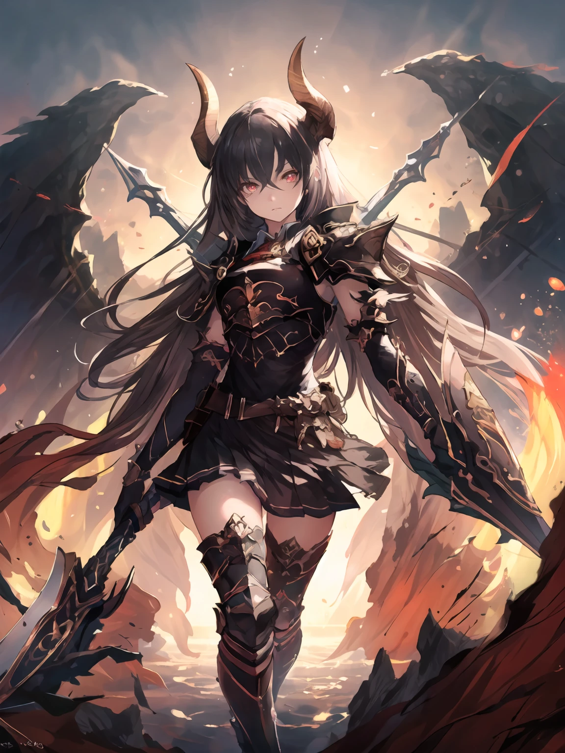 masterpiece,best quality,highres,cinematic lighting,dramatic angle,1girl,<lora:ForteV13-000030:0.8>,black hair,horns,red eyes,long hair,black armor,thighhighs,skirt,holding,weaponï¼polearm,looking at viewer,serious,dual wielding,skirt,cape,fire,symbol-shaped pupils,portrait,walking,depth of field,dragon in the background,close-up