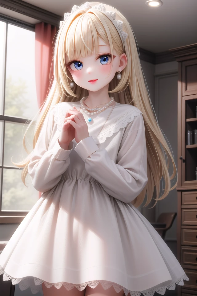 insanely detailed, absurdres, ultra-highres, ultra-detailed, best quality,
1girl, solo, nice hands, perfect hands,
BREAK
(dress, eyelashes, jewelry, lace trimmed dress, lace trim, lips, necklace, pearl necklace, red lips, white dress:1.3)
BREAK
happy smile, laugh, closed mouth, standing,
,
cute pose, cowboy shot, looking at viewer
BREAK
slender, kawaii, perfect symmetrical face, ultra cute girl, ultra cute face, ultra detailed eyes, ultra detailed hair, ultra cute, ultra beautiful,
BREAK
in hotel room
BREAK
large breasts, blonde long hair, bangs, (cleavage:-1.5)