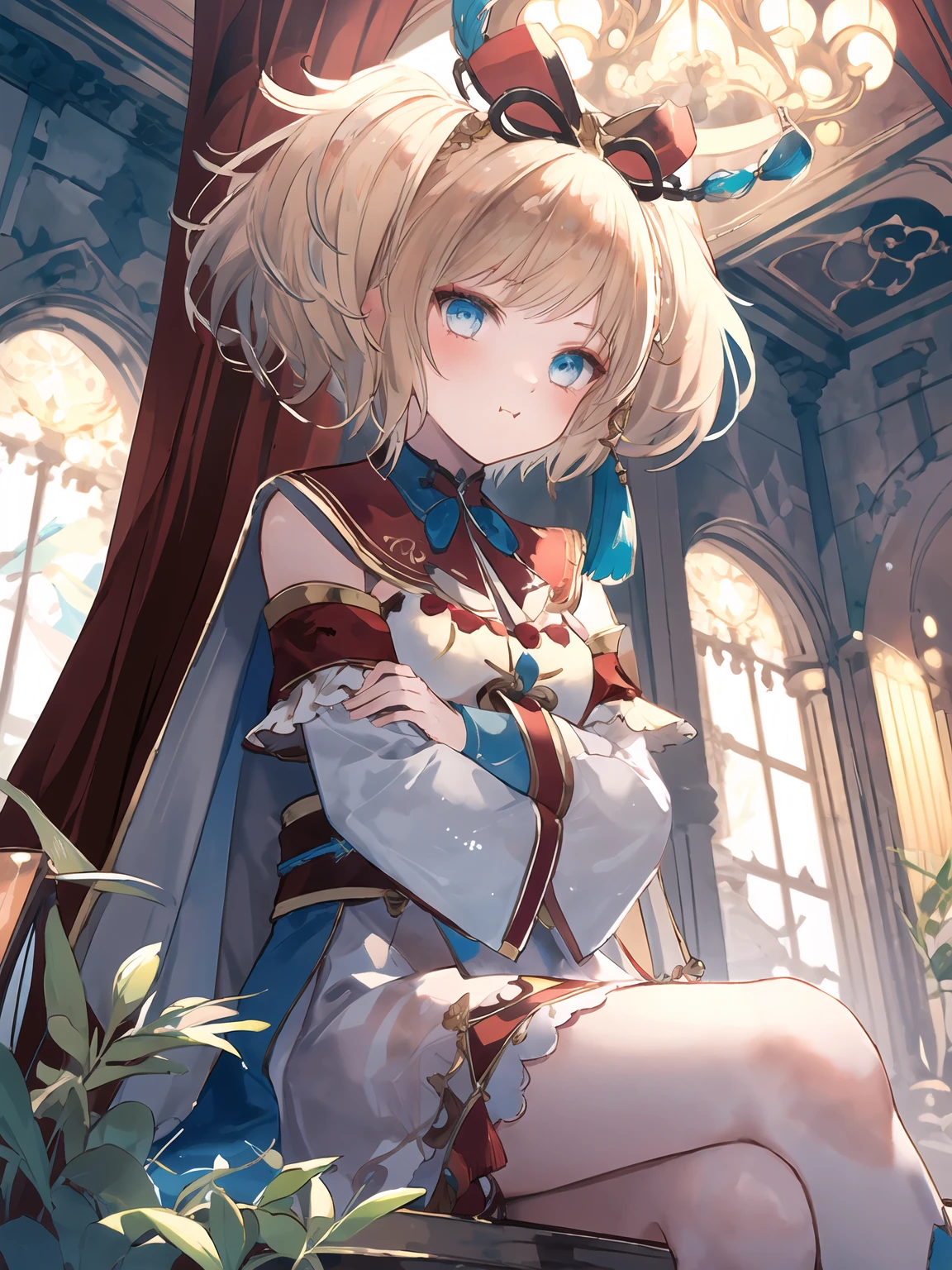 masterpiece,best quality,highres,cinematic lighting,dramatic angle,<lora:ResplendentPhoenixV1:0.8:lbw=jiangshi3>,1girl,light blonde hair,blue eyes,twintails,short hair,capelet,hair ornament,bowtie,tassel,jewelry,ribbon,white and red dress,frills,sash,detached sleeves,arms crossed,crossed arms,sitting,legs crossed,pout,<lora:强å åå´Concept_Pout:0.7>,looking at viewer,blush,shy,happy