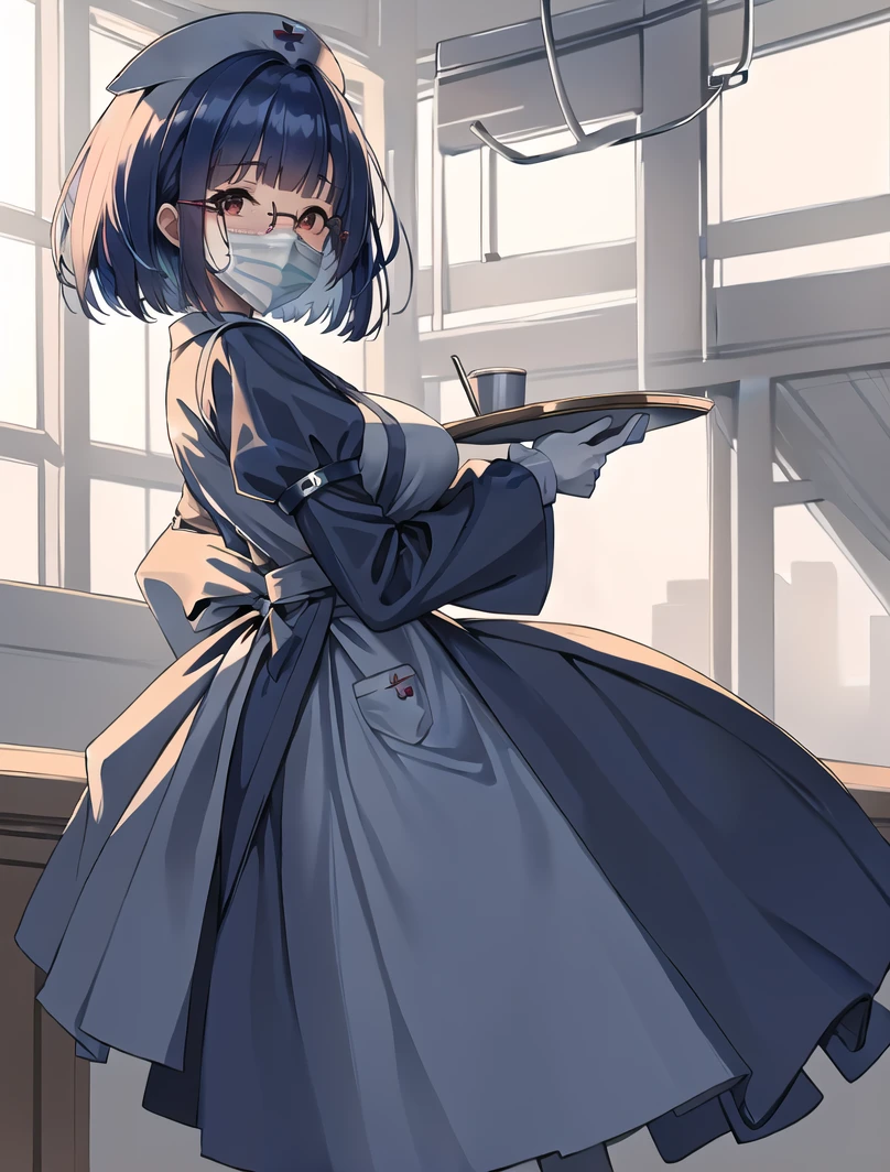 ((masterpiece, best quality, high quality)),1girl, (lower body, hospital), <lora:Long Nurse Apron 2:0.7> (nurse_long_apron, apron, mask, nurse cap, surgical mask, nurse, long sleeves, latex gloves,long dress), <lora:Aya Miiko:0.7> (1girl, 3dcg 03, aya miiko, blue hair, blunt bangs, bob cut, large breasts, medium breasts, red eyes, semi-rimless eyewear, short hair, sidelocks),
