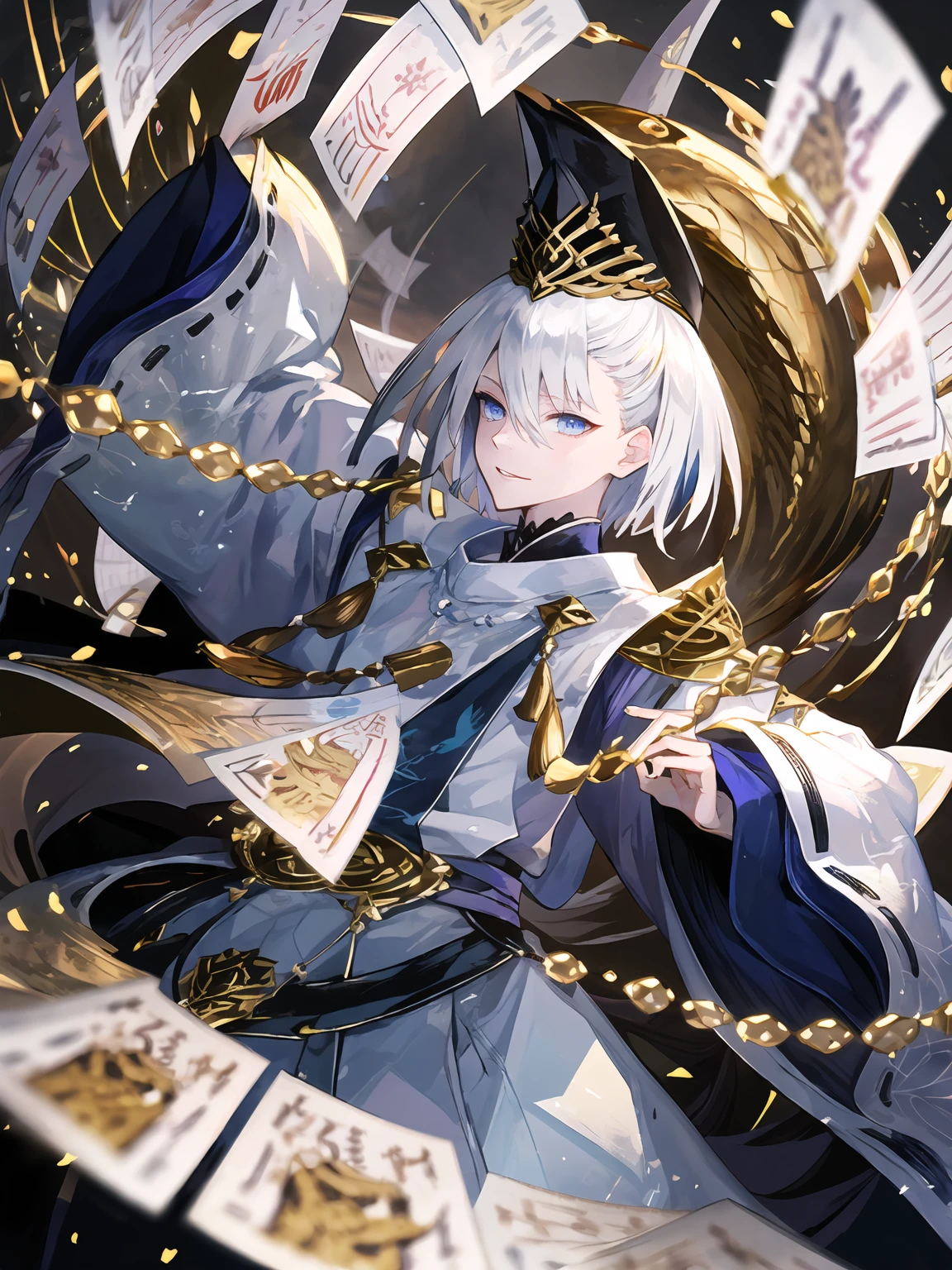 masterpiece,best quality,highres,cinematic lighting,dramatic angle,1boy,<lora:ShadowverseKuonV1-000025:0.8:lbw=jiangshi3>,white hair,short hair,blue eyes,tate eboshi,blue headwear,white dress,clothing cutout,ribbon,tassel,looking at viewer,evil smile,shaded face,parted lips,wide sleeves,kariginu,straight-on,holding,close-up,depth of field,beads,talisman,black hakama,dynamic angle,magic,ofuda,holding ofuda,casting spell,golden snake,one arm raised over head,straight-on,shushing