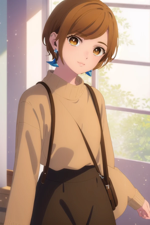 rinfujishiro, <lora:rin fujishiro-alpha-lora-nochekaiser:1>,
rin fujishiro, short hair, bangs, brown hair, (brown eyes:1.5), smile,
BREAK shirt, long sleeves, jewelry, earrings, sweater,
BREAK indoors,
BREAK looking at viewer, (cowboy shot:1.5),
BREAK <lyco:GoodHands-beta2:1>, (masterpiece:1.2), best quality, high resolution, unity 8k wallpaper, (illustration:0.8), (beautiful detailed eyes:1.6), extremely detailed face, perfect lighting, extremely detailed CG, (perfect hands, perfect anatomy),