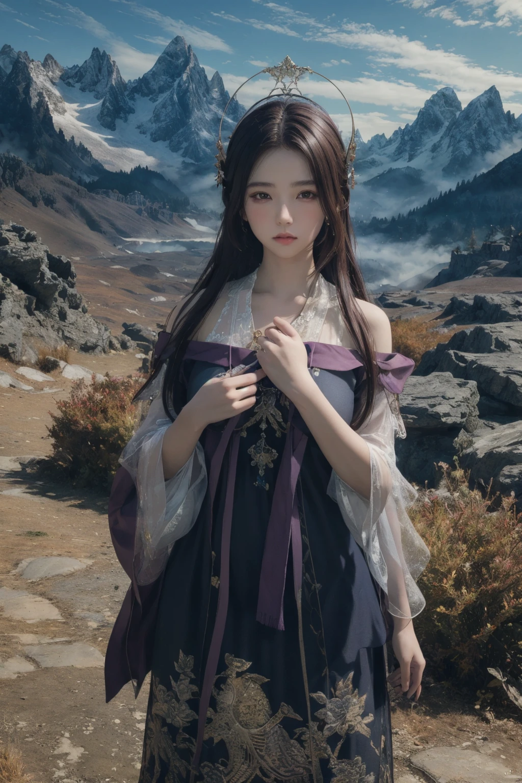masterpiece,best quality,highly detailed,Amazing,finely detail,extremely detailed CG unity 8k wallpaper,score:>=60,xiannv,long sleeves,looking at viewer,outdoors,mountain,facing viewer,