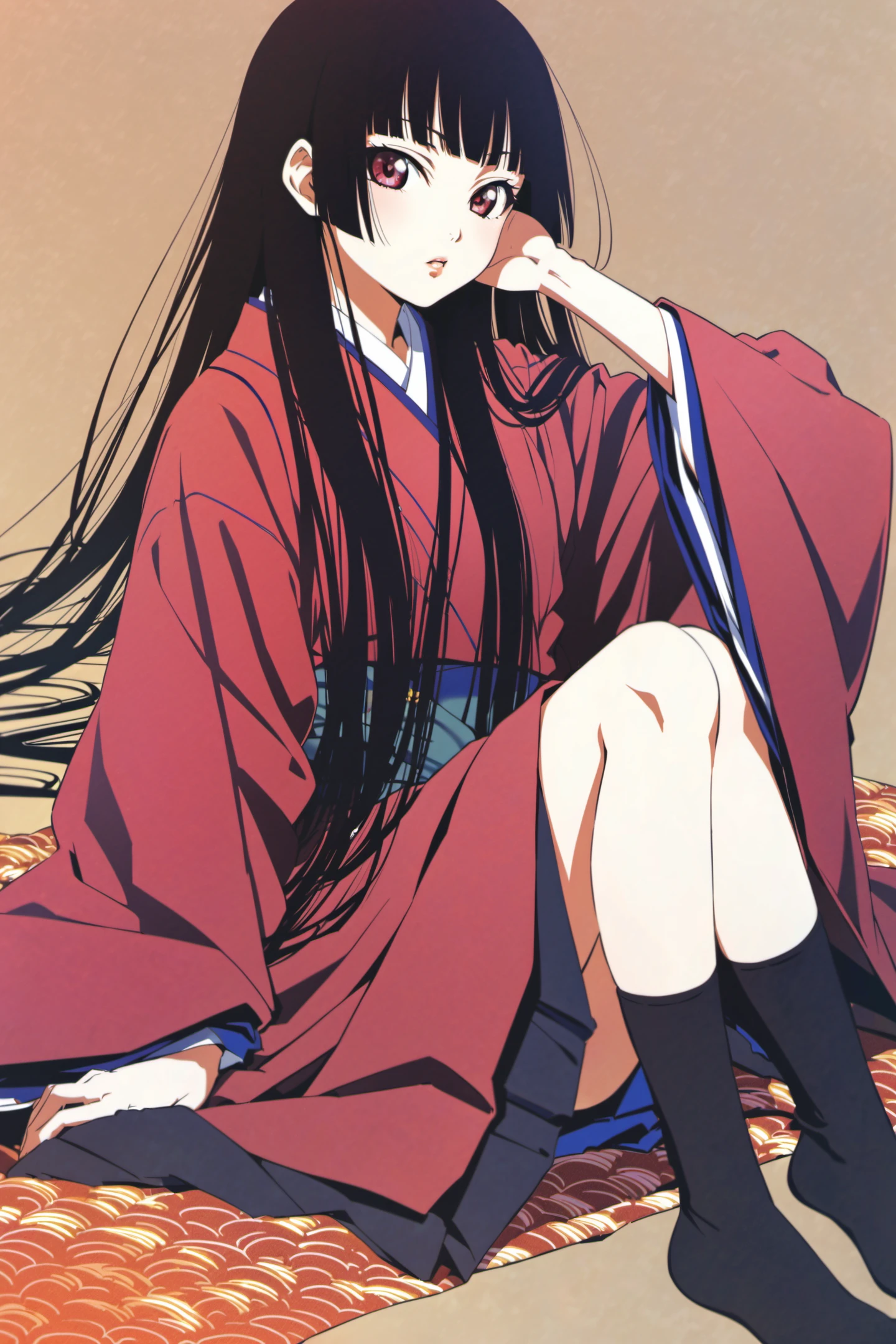 Enma Ai, 1girl, solo, black hair, long hair, socks, sitting, blunt bangs, school uniform, japanese clothes, hime cut, <lora:JigokuShoujo_XL:0.8>