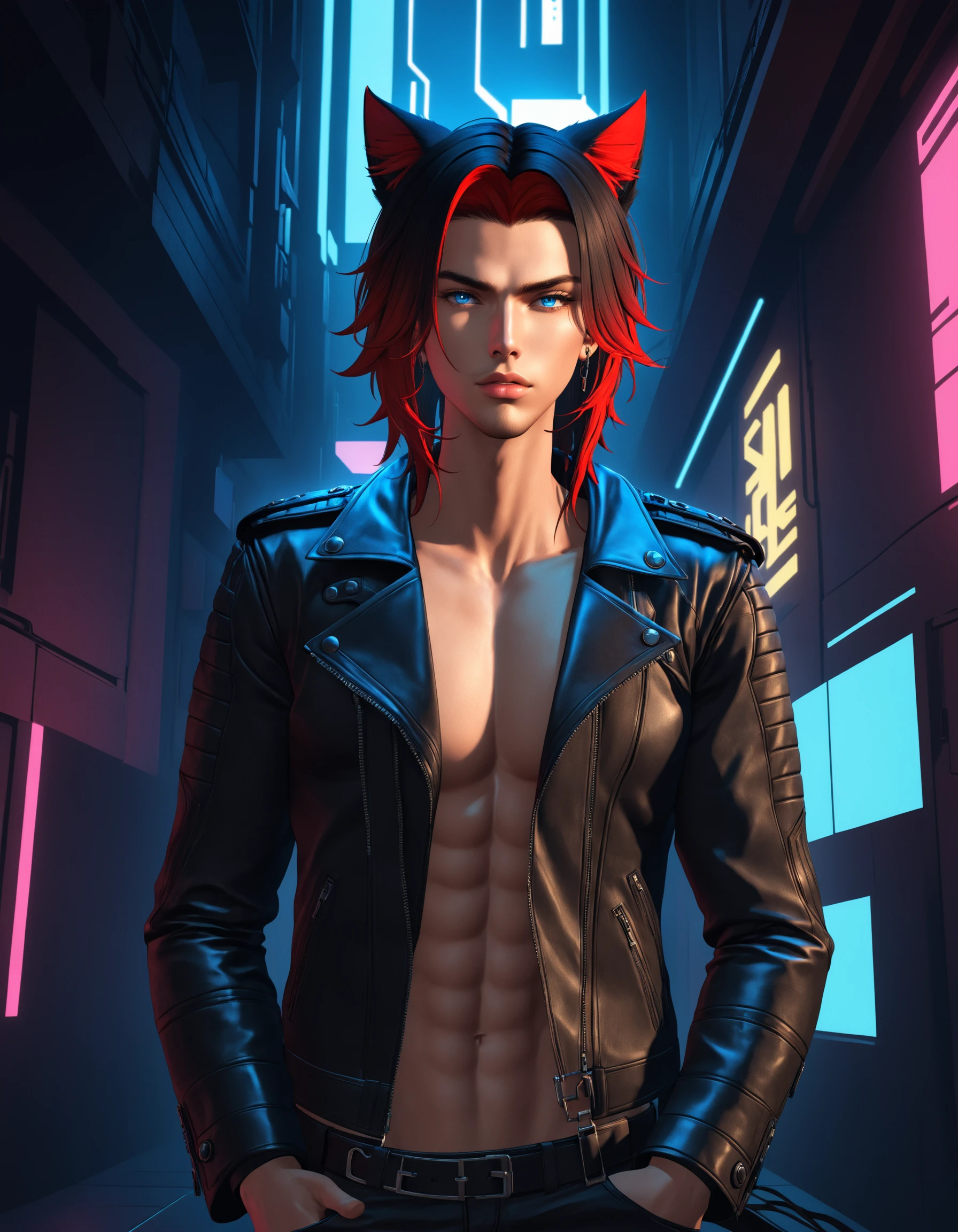 1boy, Criss X'voor, slsxl style, solo, looking at viewer, blue eyes, animal ears, cat ears, multicolored hair, black hair, red hair, parted lips, jacket, pouting, lips, gradient hair, leather, leather jacket, cyberpunk, cinematic lighting, cinematic angle, masterpiece, best quality , <lora:SL_SDXLv1:0.8>