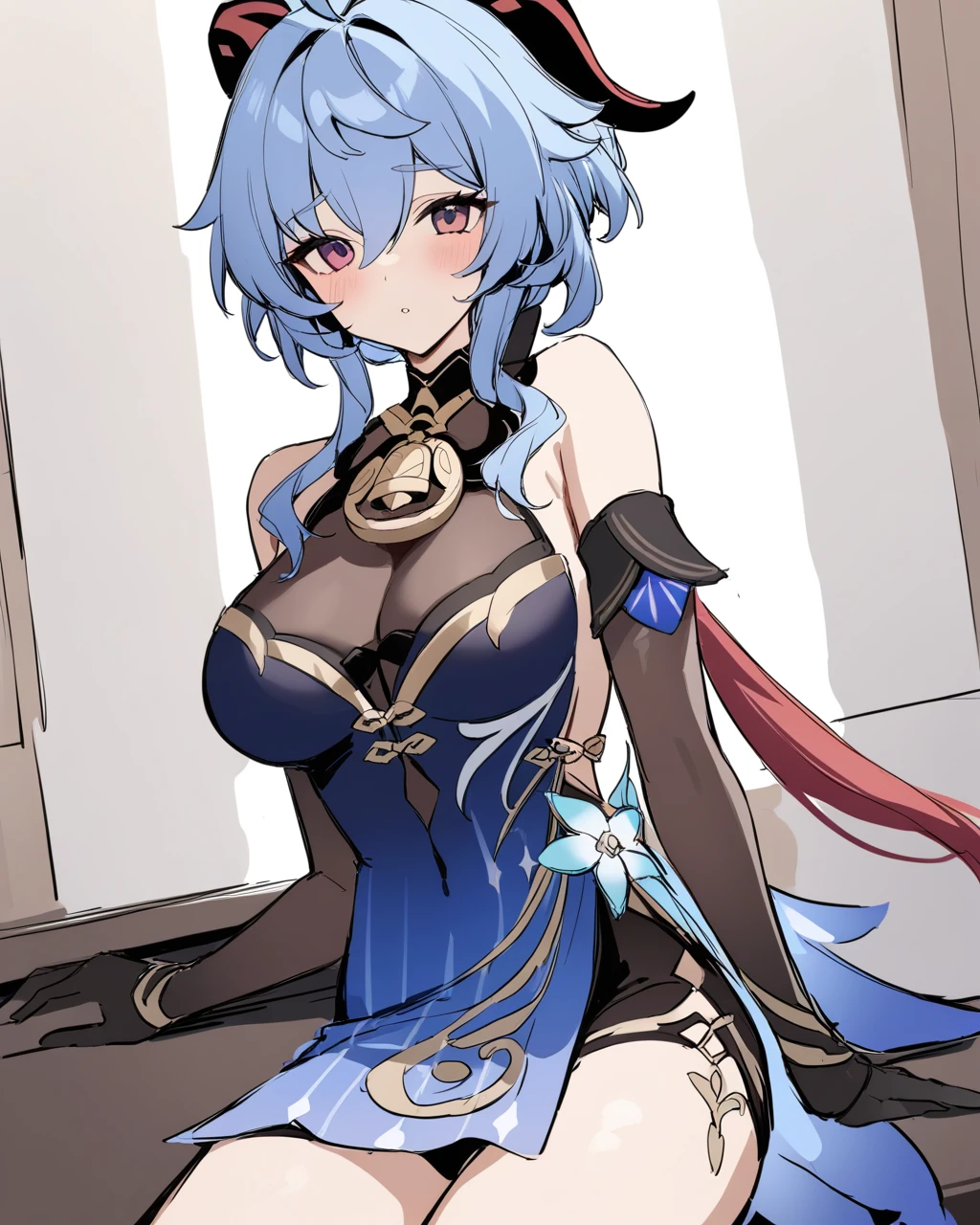 masterpiece, best qualityï¼<lora:sganyu_new_xl:1>ï¼ganyu \(genshin impact\), 1girl, solo, sblack gloves, bare shoulders, breasts, elbow gloves, sketch, neck bell, blue dress, alternate costume, detached sleeves,