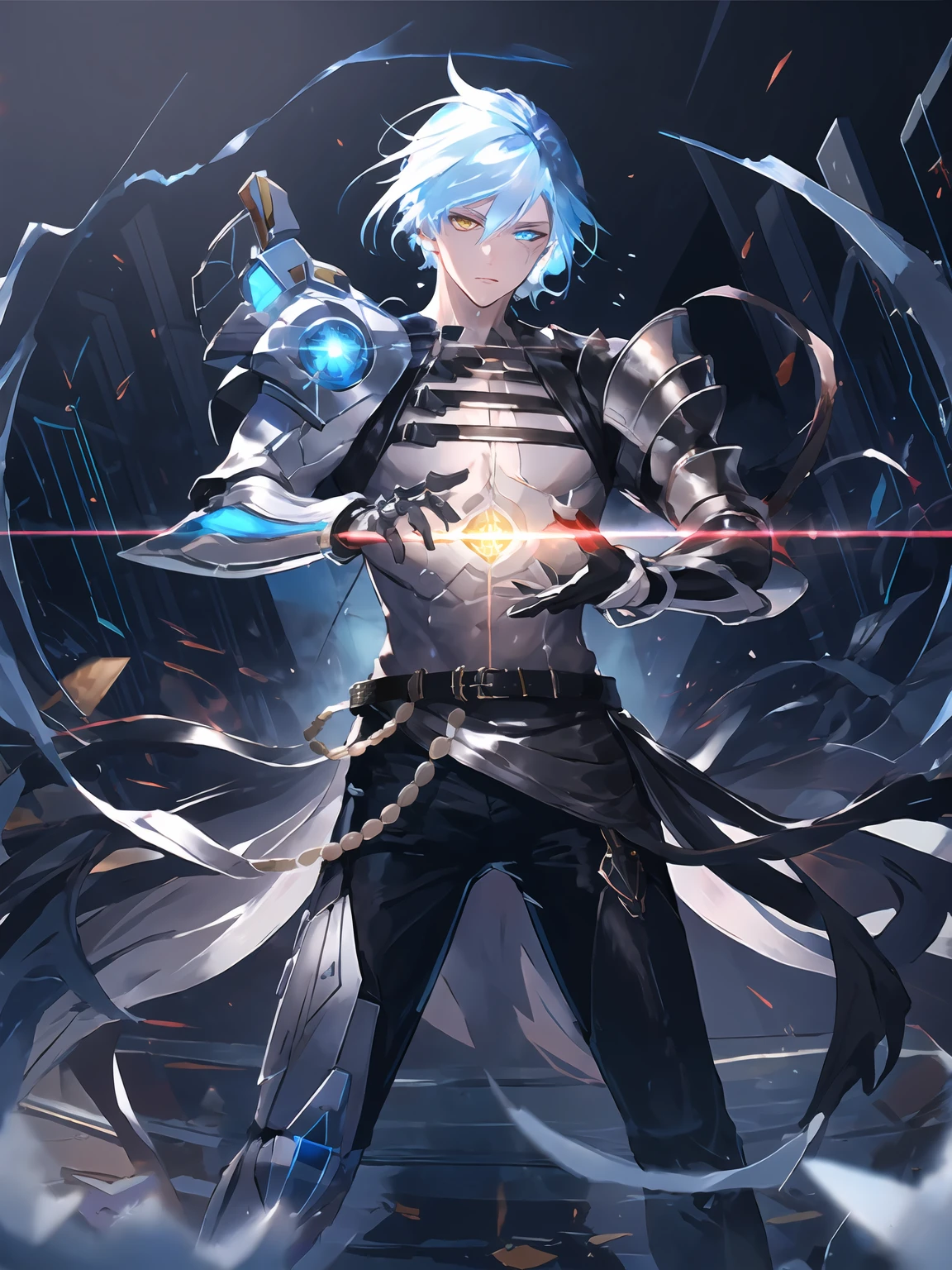 masterpiece,best quality,highres,cinematic lighting,dramatic angle,<lora:ShadowverseKarulaV2:0.8:lbw=jianigshi3>,1boy,light blue hair,heterochromia, clothing cutout,asymmetrical clothes,armor,mechanical arms,black pants,ribbon,belt,beads,looking at viewer,electricity,portrait,close-up,dynamic angle,depth of field,mature male,expressionless