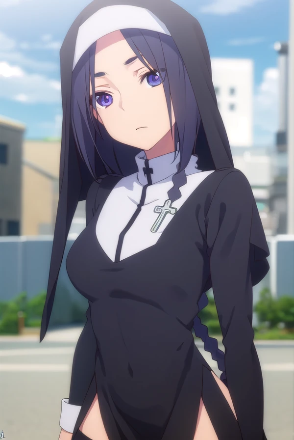 yaeshinatsuhiko, <lora:yae shinatsuhiko hnu-lora-nochekaiser:1>,
yae shinatsuhiko, long hair, (purple eyes:1.1), braid, black hair,
BREAK thighhighs, striped, cross, striped thighhighs, nun, habit, long sleeves, dress, jewelry, boots, necklace, side slit,
BREAK outdoors, city, sun, clouds,
BREAK looking at viewer, (cowboy shot:1.5),
BREAK <lyco:GoodHands-beta2:1>, (masterpiece:1.2), best quality, high resolution, unity 8k wallpaper, (illustration:0.8), (beautiful detailed eyes:1.6), extremely detailed face, perfect lighting, extremely detailed CG, (perfect hands, perfect anatomy),