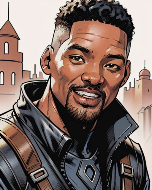 Digital Comic Artwork of portrait of Will Smith, smilling, simple background, sharp, details, HD, HDR, 8K, best quality, best resolution, maximalist, masterpiece
