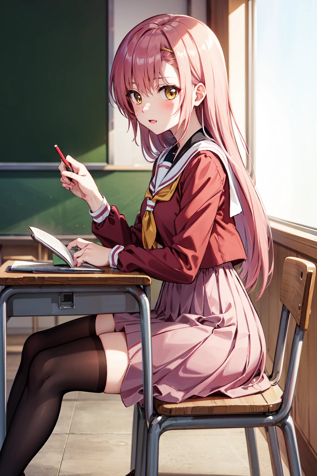 masterpiece,best quality,highres,ultra-detailed,katsura hinagiku,long hair,hairband,school uniform,serafuku,sailor collar,(dress:1.1),pink dress,neckerchief,shirt,long sleeves,skirt,long skirt,thighhighs,black thighhighs,loafers,brown footwear,<lora:katsura_hinagiku:0.9>,indoors,sitting,desk,chair,classroom,(studying:1.4),from_side,