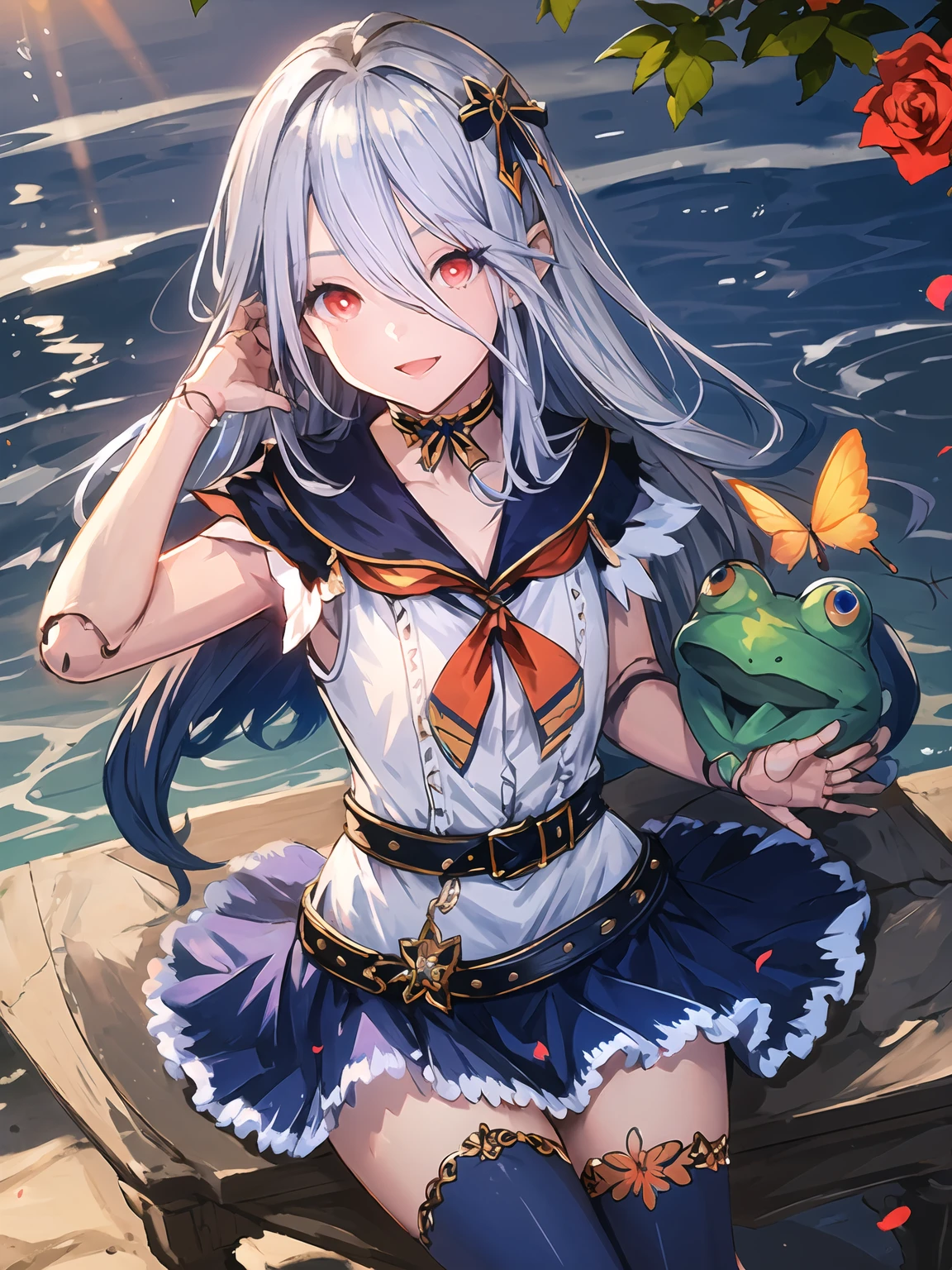 masterpiece,best quality,highres,cinematic lighting,dramatic angle,<lora:ZweiV3-000030:0.8:lbw=jiangshi3>,1girl,silver hair,long hair,red eyes,ahoge,sailor collar,white
sleeveless shirt,frills,blue skirt,capelet,choker,rose,belt,ribbon,doll joints,happy,smile,frog stuffed toy,gothic architecture,depth of field,blue sky,petals,one hand over head,outdoors,sitting,from above,orange frills,orange thighhighs,orange legwear,thigh strap,butterfly