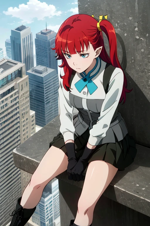 (masterpiece), high quality,beautiful face,detailed eyes,dynamic pose, (detailed background:1.3), 1girl, solo,
<lora:bemlla_e12:0.8> bemlla, school uniform, skirt,long sleeves,full body,black leather boots,black gloves,side ponytail,
(sitting indian style),on ledge,skyscraper,frown,sky,cloud, looking down,feet out of frame,from above,, masterpiece, extremely detailed,anime, perfect lighting,1girl, solo,
