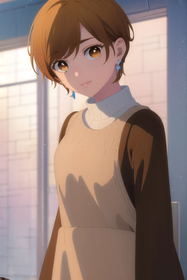 rinfujishiro, <lora:rin fujishiro-alpha-lora-nochekaiser:1>,
rin fujishiro, short hair, bangs, brown hair, (brown eyes:1.5), smile,
BREAK shirt, long sleeves, jewelry, earrings, sweater,
BREAK indoors,
BREAK looking at viewer, (cowboy shot:1.5),
BREAK <lyco:GoodHands-beta2:1>, (masterpiece:1.2), best quality, high resolution, unity 8k wallpaper, (illustration:0.8), (beautiful detailed eyes:1.6), extremely detailed face, perfect lighting, extremely detailed CG, (perfect hands, perfect anatomy),