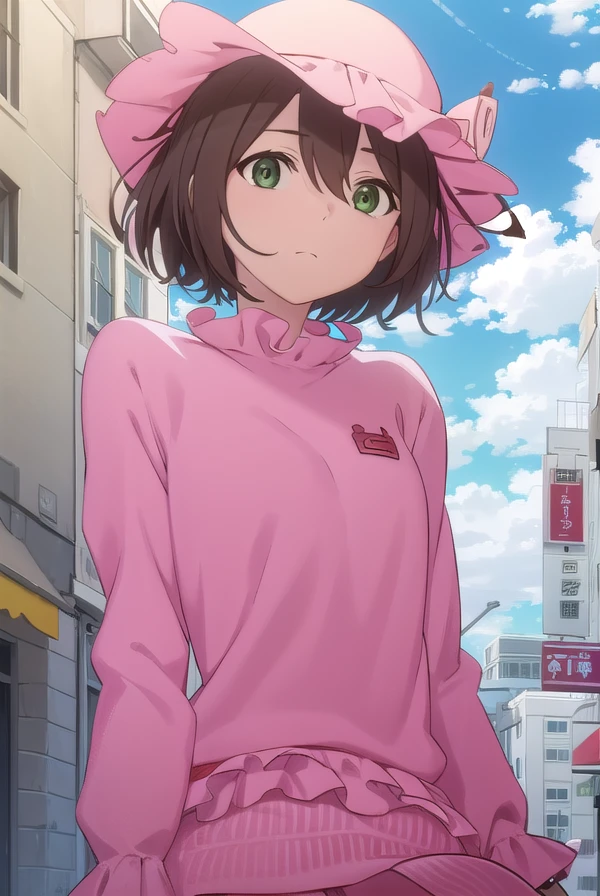 rinazuma, <lora:rin azuma hnu-lora-nochekaiser:1>,
rin azuma, short hair, brown hair, (green eyes:1.3),
BREAK hat, frills, dress, pink dress, pink hat, long sleeves, puffy sleeves, skirt, pink skirt,
BREAK outdoors, city, sun, clouds,
BREAK looking at viewer, (cowboy shot:1.5),
BREAK <lyco:GoodHands-beta2:1>, (masterpiece:1.2), best quality, high resolution, unity 8k wallpaper, (illustration:0.8), (beautiful detailed eyes:1.6), extremely detailed face, perfect lighting, extremely detailed CG, (perfect hands, perfect anatomy),