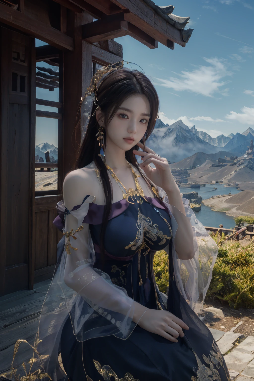masterpiece,best quality,highly detailed,Amazing,finely detail,extremely detailed CG unity 8k wallpaper,score:>=60,xiannv,long sleeves,looking at viewer,outdoors,facing viewer,mountain,east asian architecture,sitting,upper body,