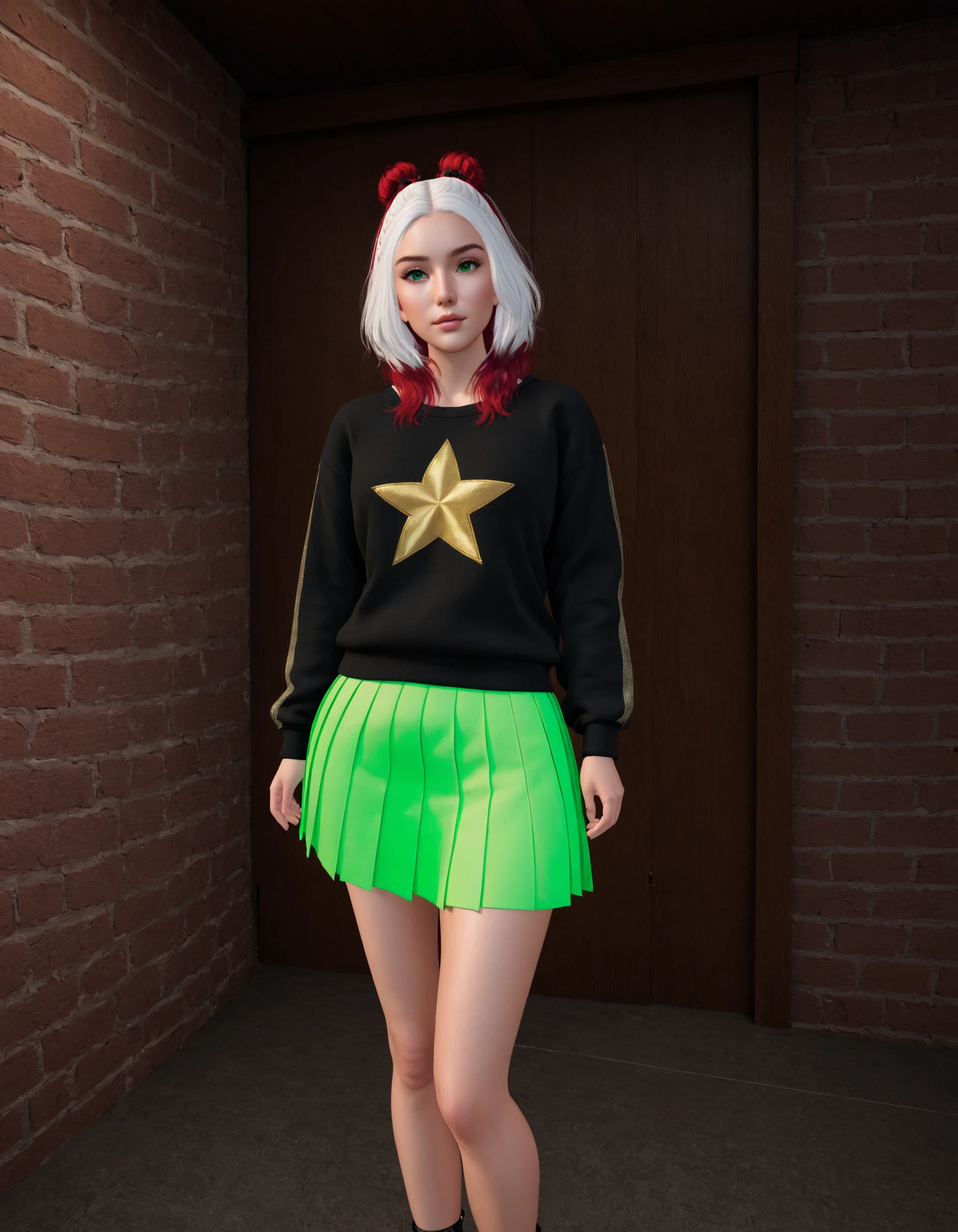 1girl, Tori Enyo, slsxl style, slsxl style, solo, looking at viewer, skirt, long sleeves, standing, white hair, red hair, multicolored hair, pleated skirt, indoors, sweater, hand on hip, window, green skirt, wall, brick wall, close up, cinematic lighting, neon rim lighting, side lighting, rembrandt lighting, cinematic angle, masterpiece, best quality , <lora:SL_SDXLv1:0.8>
