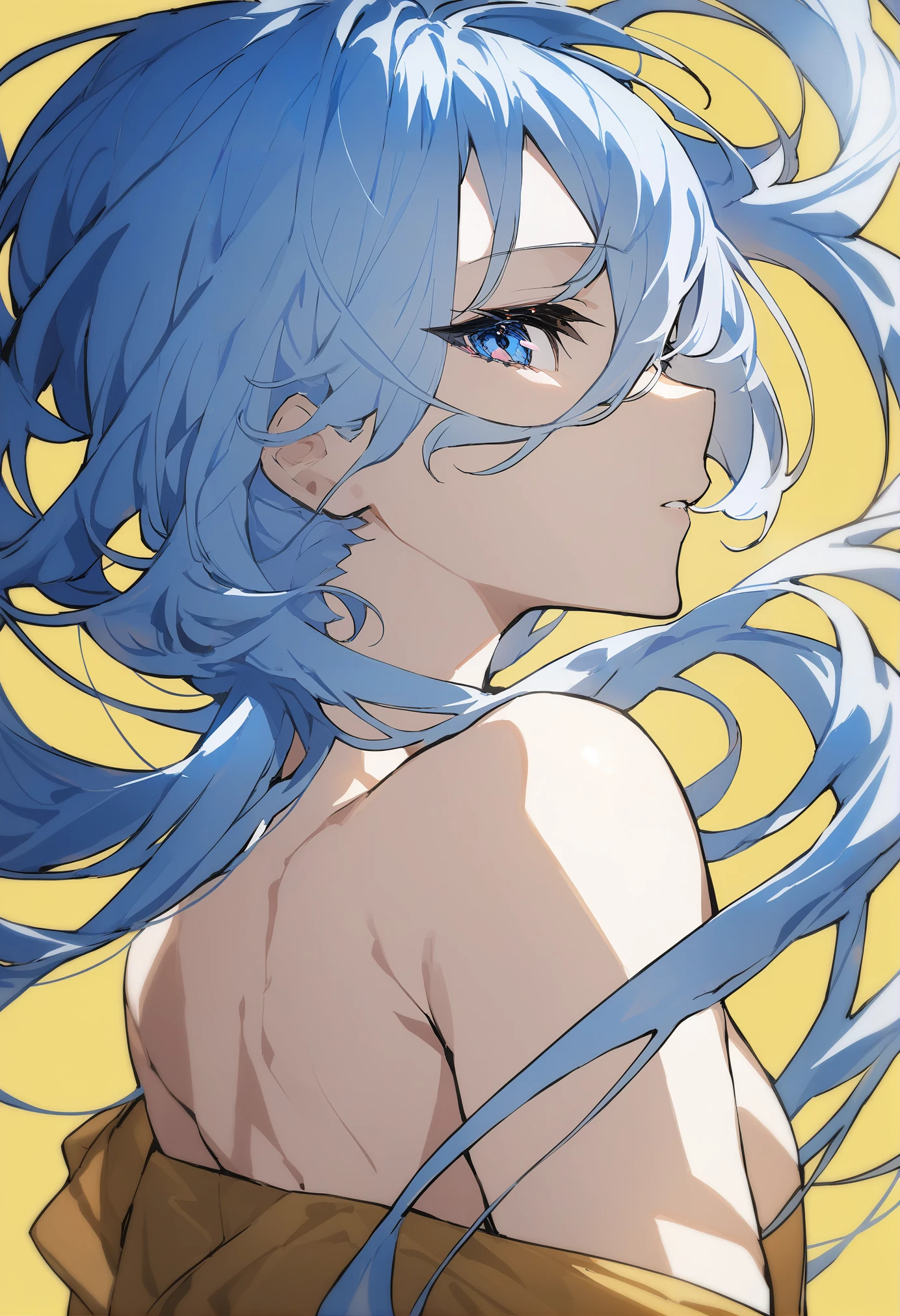 (masterpiece:1.2), (pale skin:1.2), (solo:1.2), (female:1.1), (emphasis lines:1.3), bare shoulders, blue hair, horns, gloves, (bare back:1.3), (from behind), (topless:1.3), (ganyudef), shoulder blades, (nippies)
