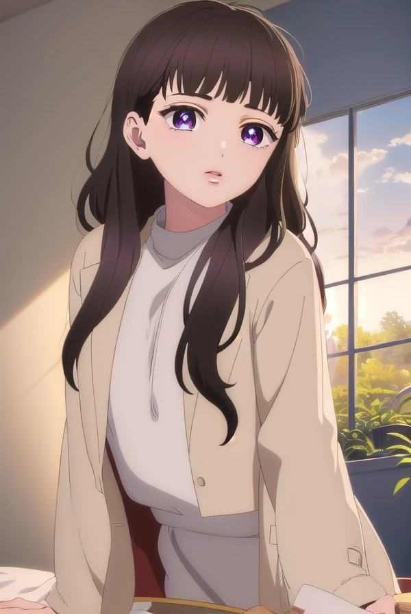 emmanakazono, <lora:emma nakazono-alpha-lora-nochekaiser:1>,
emma nakazono, long hair, bangs, brown hair, black hair, (purple eyes:1.1), blunt bangs, wavy hair,
BREAK jacket, sweater, lips, red shirt,
BREAK indoors,
BREAK looking at viewer, (cowboy shot:1.5),
BREAK <lyco:GoodHands-beta2:1>, (masterpiece:1.2), best quality, high resolution, unity 8k wallpaper, (illustration:0.8), (beautiful detailed eyes:1.6), extremely detailed face, perfect lighting, extremely detailed CG, (perfect hands, perfect anatomy),