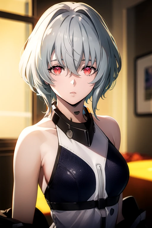 photorealistic, (4k), depth of field, (Masterpiece), (realistic skin texture), extremely detailed, intricate, hyper detailed, high resolution, professional photography, , depth of field, sharp detail, best quality, looking at viewer, 1girl, solo, <lora:noir_synduality_noir:1>, noir_synduality_noir, grey hair, red eyes, , short hair, hair between eyes, , fairytale,