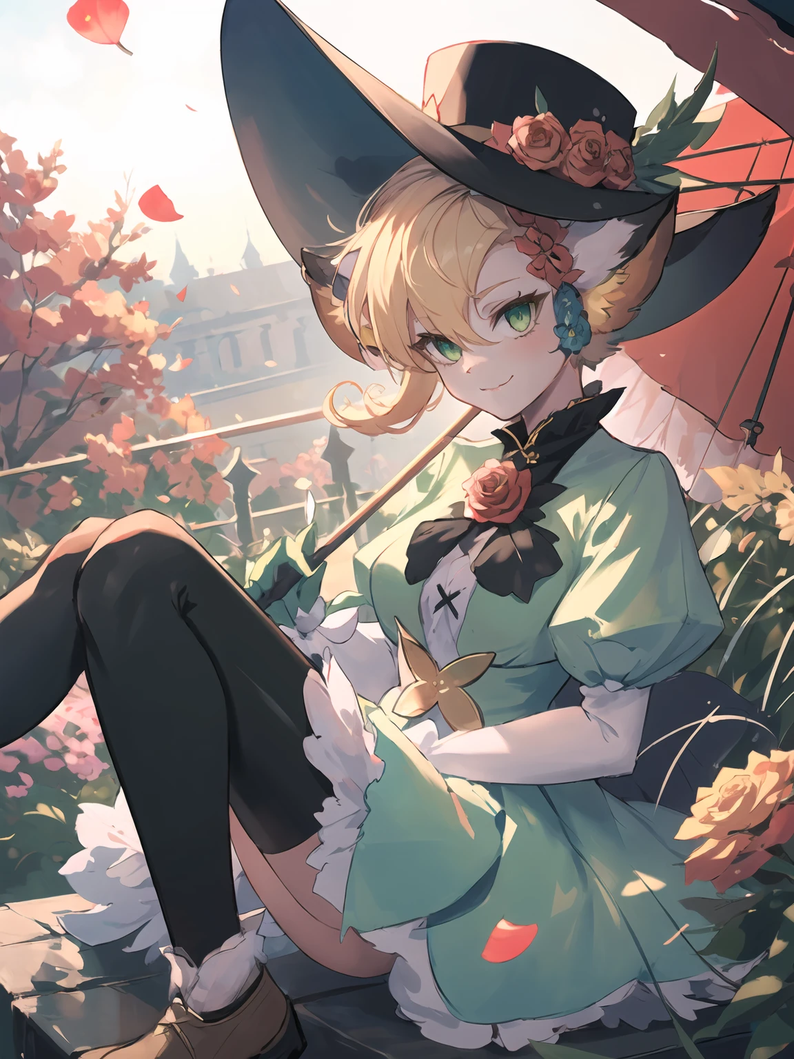 masterpiece,best quality,highres,cinematic lighting,dramatic angle,1girl,<lora:ShadowverseCosmosFangV2:0.8:lbw=cosmos>,furry,green dress,blonde hair,looking at viewer,hat,feathers,hair flower,green eyes,smile,:3,cross-laced clothes,black shirt,clothing cutout,pink shoes,holding umbrella,gloves,rose on chest,garden,petals,alternative1,animal ears,portrait,close-up,bowtie,sunny,from random point of view