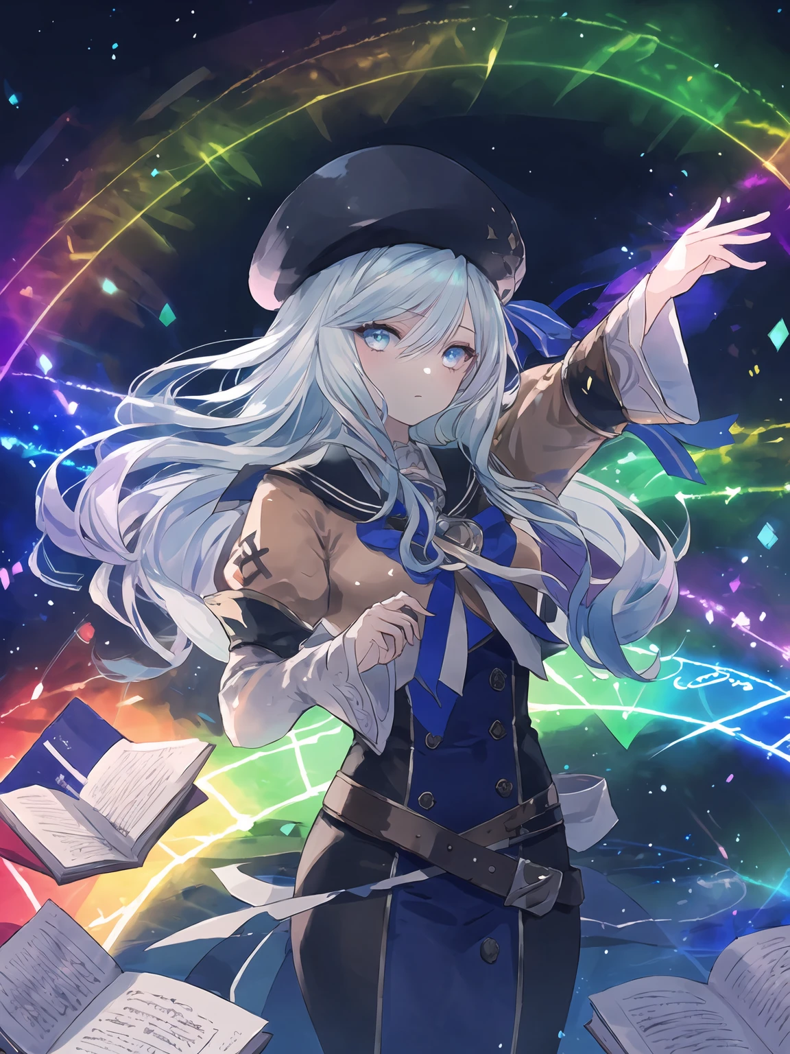 masterpiece,best quality,highres,cinematic lighting,dramatic angle,1girl,<lora:ShadowverseAmaryllisV1:0.8>,light blue hair,blue eyes, brown shirt,black and purple dress,white sleeves,ribbon,hat,looking at viewer,bow,belt,sailor collar,holding book,outstretched hand, spread fingers,casting spell,rainbow magic,aurora,sad,expressionless,shaded face,glowing eyes,magic circle,aura,runes