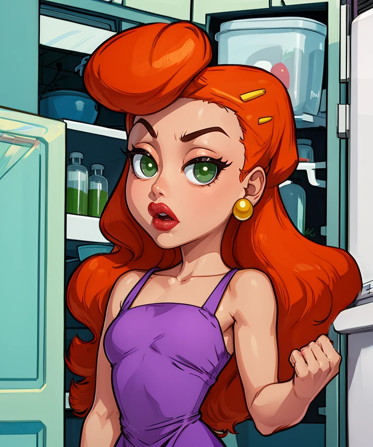 Gladys,orange hair,green eyes,lips,-long hair,
single hairclip,small earrings,purple dress,
standing,upper body,kitchen,refrigerator,
(insanely detailed, masterpiece, best quality)solo,<lora:Gladys:1>,