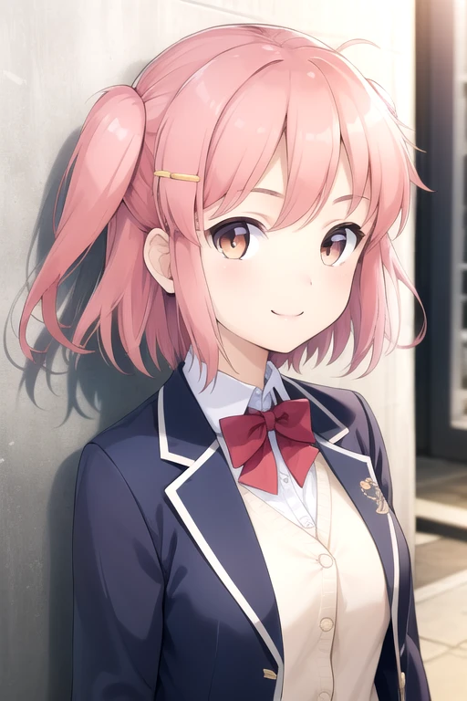 ((masterpiece)),(best quality),official art,extremely detailed CG,unity 8k wallpaper,ultra detailed,beautiful detailed eyes,extremely detailed face,1girl,solo,upper body,(portrait:1.5),looking at viewer,facing viewer,Shindou Ayane,smile,short hair,pink hair,one side up,hair ornament,hairclip,sidelocks,bangs,brown eyes,school uniform,blazer,blue jacket,wing collar,open jacket,long sleeves,bowtie,red bow,cardigan,collared shirt,white shirt,blue skirt,plaid skirt,pleated skirt,socks,loafers,<lora:Shindou Ayane(ksak)-remake>,