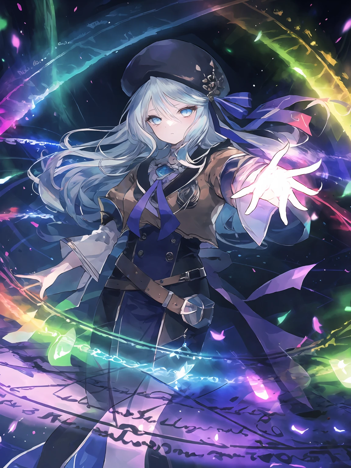 masterpiece,best quality,highres,cinematic lighting,dramatic angle,1girl,<lora:ShadowverseAmaryllisV1:0.8>,light blue hair,blue eyes, brown shirt,black and purple dress,white sleeves,ribbon,hat,looking at viewer,bow,belt,sailor collar,holding book,outstretched hand, spread fingers,casting spell,rainbow magic,aurora,sad,expressionless,shaded face,glowing eyes,magic circle,aura,runes