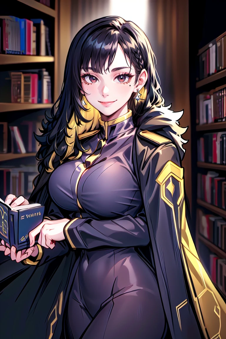 arbiter,  smile,  closed mouth,  1girl,  solo,  mole under eye,  black hair,  earrings,  jewelry,  long hair,  dress,  looking at viewer,  (indoors,  library),  multicolored hair,  breasts,  black eyes,  blonde hair,  black dress,  simple background,  long sleeves,  bangs,  large breasts,  fur trim,  cowboy shot,  two-tone hair,  masterpiece,  award winning,  looking at viewer,  best quality,  highres,  solo,<lora:EMS-250146-EMS:1.000000>,<lora:EMS-66168-EMS:0.800000>