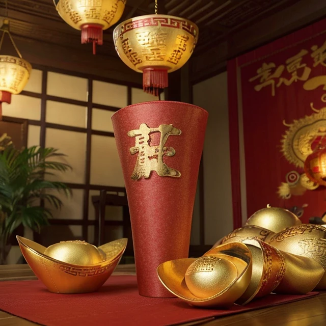 The living room is decorated with Chinese New Year decorations,  and there are several large Jin yuanbao on the table. Jin yuanbao, Jin yuanbao,<lora:EMS-273837-EMS:1.000000>