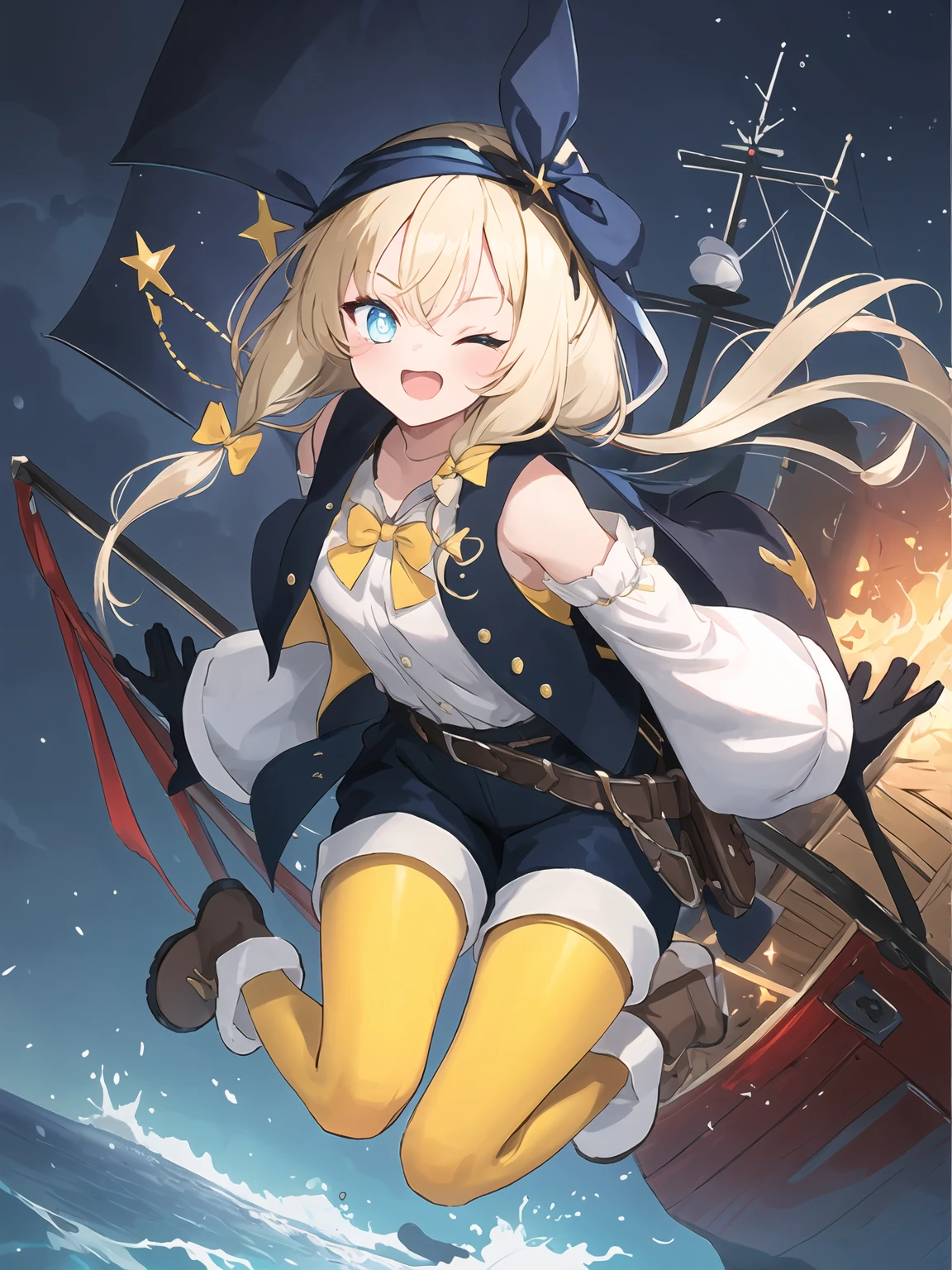 masterpiece,best quality,highres,cinematic lighting,dramatic angle,1girl,<lora:ShadowverseDeepseaScoutV2-000020:0.8:lbw=1,0.1,0.1,0.2,0.2,0.2,0.2,1,1,1,1,1,1,1,1,1,1>,head scarf, blonde hair,star-shaped pupils,blue eyes,vest,white shirt,telescope,shorts,yellow pantyhose,gloves,looking at viewer,on ship,ocean,braids,detached sleeves,belt,boots,hair ornament,sheath,bowtie,happy,:3,shy,glowing eyes,jumping,one eye closed