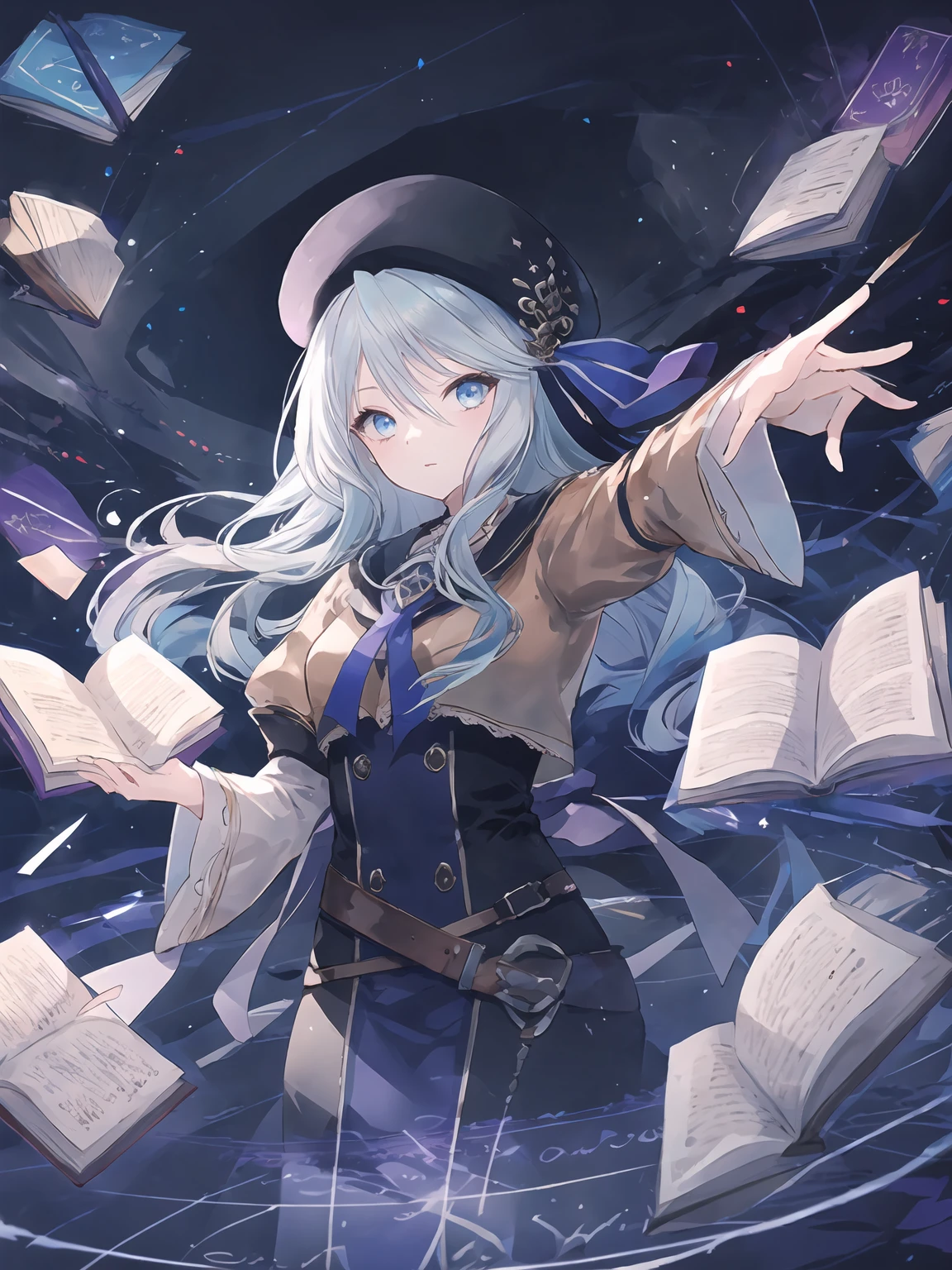 masterpiece,best quality,highres,cinematic lighting,dramatic angle,1girl,<lora:ShadowverseAmaryllisV1:0.8>,light blue hair,blue eyes, brown shirt,black and purple dress,white sleeves,ribbon,hat,looking at viewer,bow,belt,sailor collar,holding book,outstretched hand, spread fingers,casting spell,dark magic,floating books