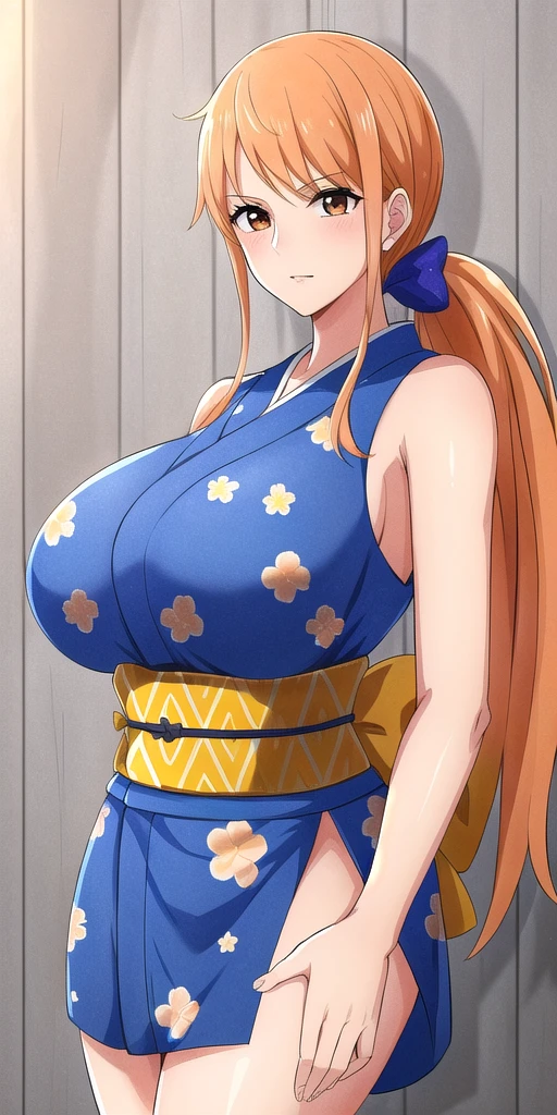 <lora:NamiV2:0.7> n4mi, huge_breasts, standing, solo, WanoN4mi_hair_bow_low_ponytail, Blue_sleeveless_short_kimono_Floral_print_Orange_back_bow,, masterpiece, best quality, detailed face, detailed eyes, highres,