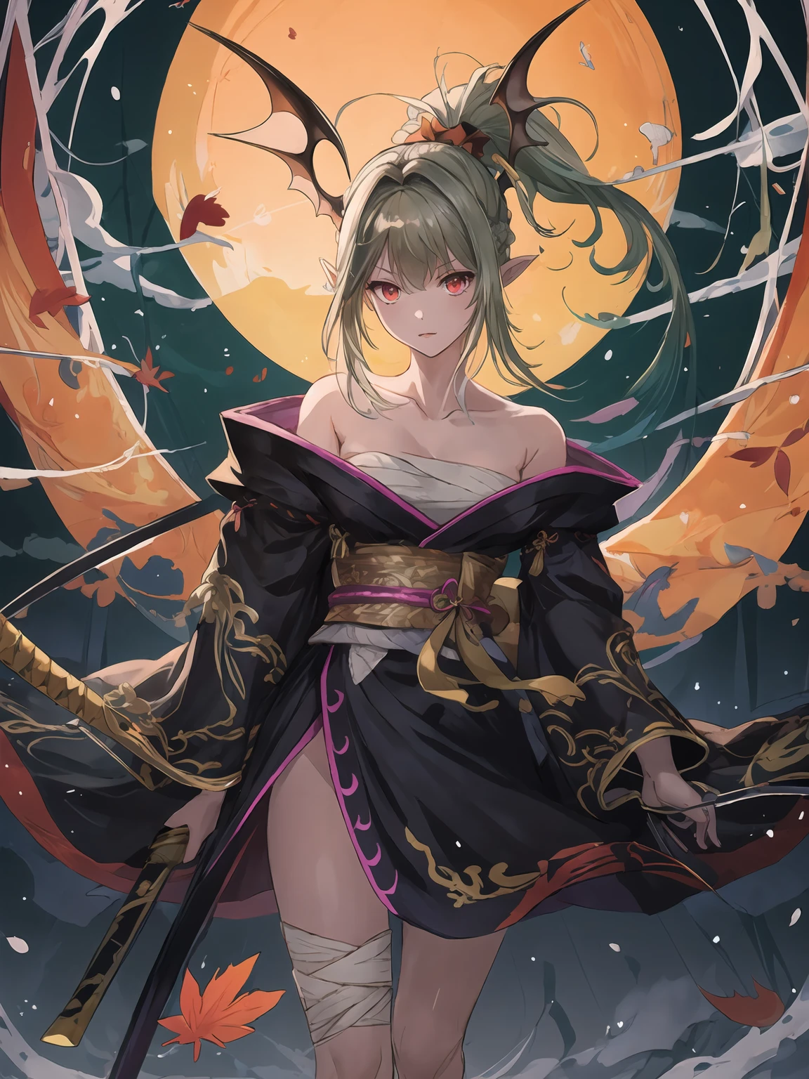 masterpiece,best quality,highres,cinematic lighting,dramatic angle,1girl,green hair,ponytail,pointy ears,red eyes,looking at viewer,bare shoulders,bandages,kimono,legs,serious,<lora:ShadowverseYuzukiV8-000024:0.8:lbw=1,0.2,0.8,0.2,0.2,0.8,0.8,0.2,0.8,1,1,1,1,1,1,1,1>,head wings,moon,bamboo,falling leaf,holding weapon,katana,slashing,drawing sword,standing,<lora:add_detail:0.5>,sheath,