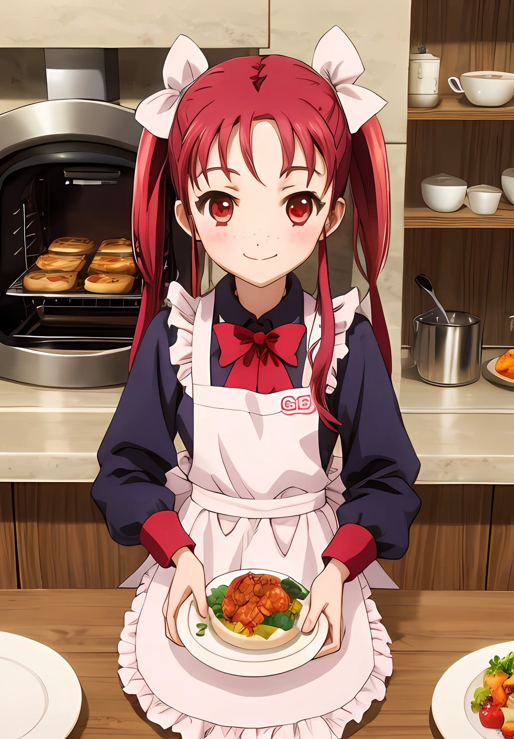 <lora:AccelWorld:0.6>, AccelWorld, Yuniko, solo, long hair, looking at viewer, smile, bow, food, apron, table, gift, plate, freckles, oven mitts, pov across table