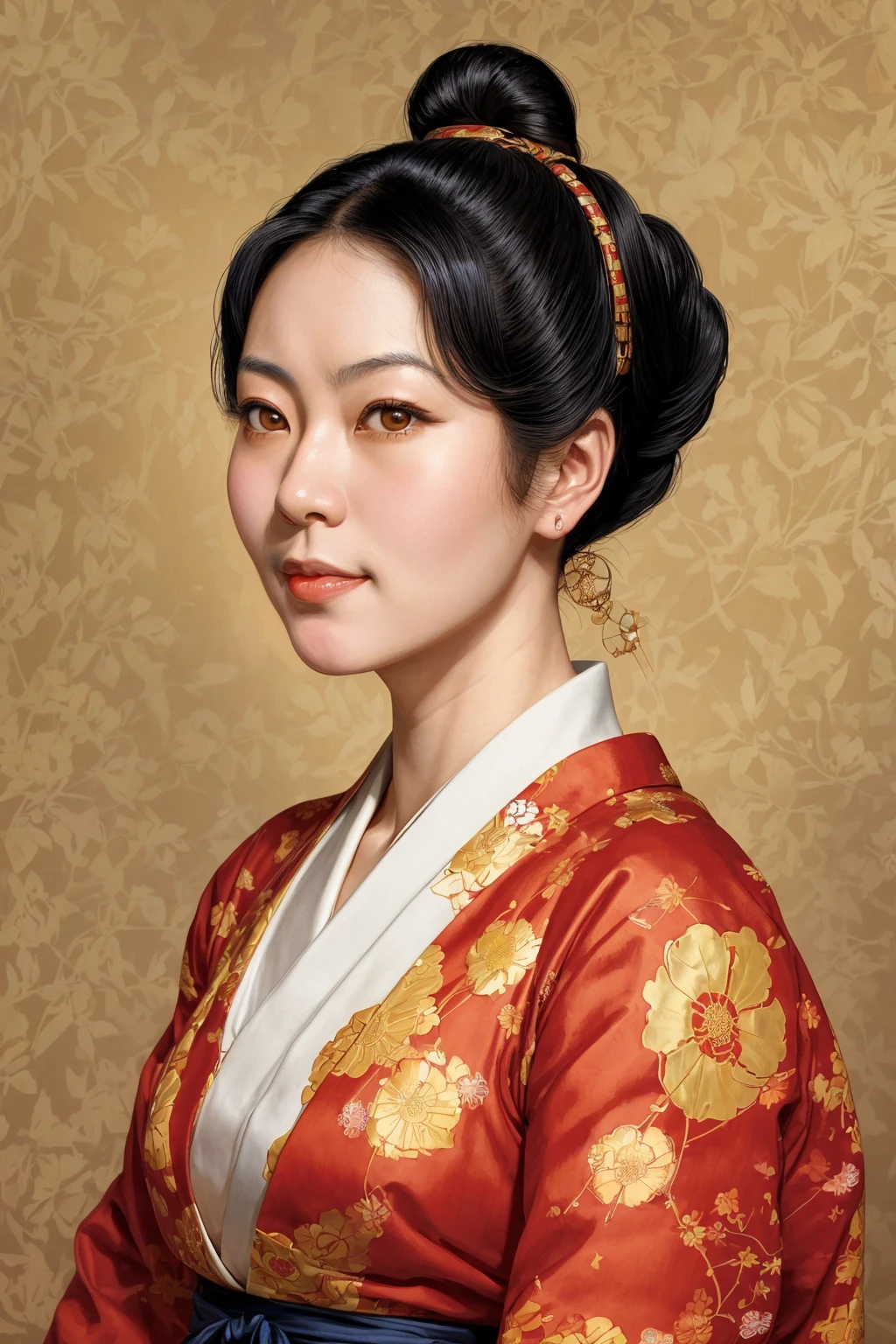 A portrait of a famous Japanese woman [ <'EM_1'> | <'EM_2'> | <'EM_3'> ] in the style of J.C. Leyendecker