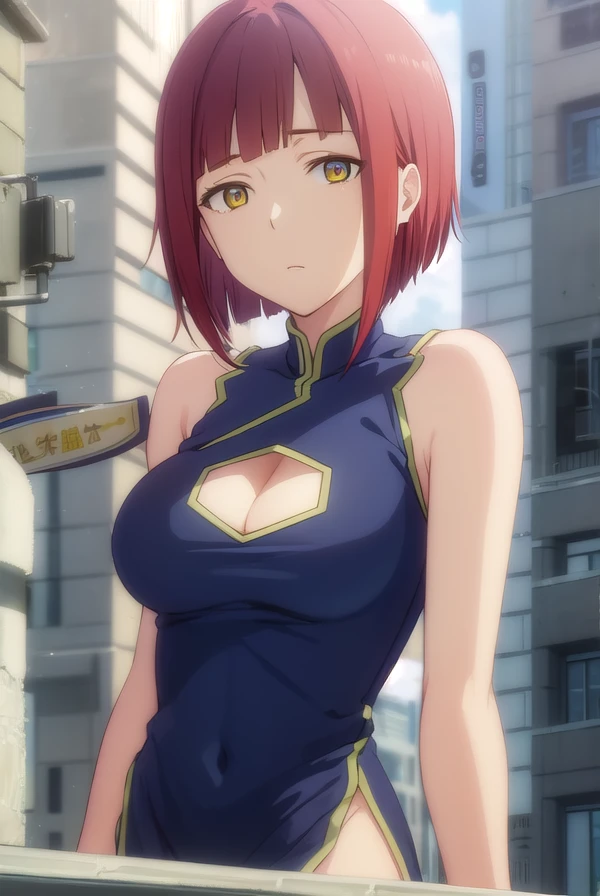 zakurokurumaki, <lora:zakuro kurumaki hnu-lora-nochekaiser:1>,
zakuro kurumaki, short hair, bangs, (yellow eyes:1.3), red hair, bob cut,
BREAK dress, cleavage, sleeveless, clothing cutout, sleeveless dress, chinese clothes, cleavage cutout, china dress, side slit,
BREAK outdoors, city, sun, clouds,
BREAK looking at viewer, (cowboy shot:1.5),
BREAK <lyco:GoodHands-beta2:1>, (masterpiece:1.2), best quality, high resolution, unity 8k wallpaper, (illustration:0.8), (beautiful detailed eyes:1.6), extremely detailed face, perfect lighting, extremely detailed CG, (perfect hands, perfect anatomy),