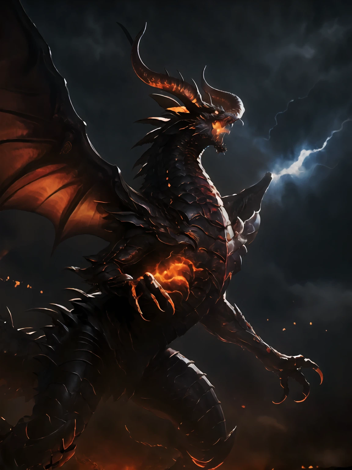 masterpiece,best quality,highres,cinematic lighting,dramatic angle,no humans,dragon,<lora:BahamutV1:0.8> ,horns,monster,flames,open mouth,dark clouds,looking at viewer,straight-on,glowing eyes,wings,claws,scales,darkness,dark,black clouds,dark sky,molten rock,hypnosis,
