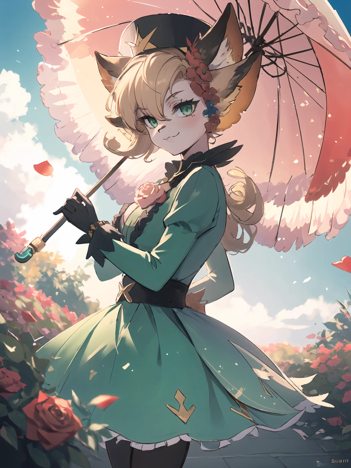 masterpiece,best quality,highres,cinematic lighting,dramatic angle,1girl,<lora:ShadowverseCosmosFangV2:0.8:lbw=cosmos>,furry,green dress,blonde hair,looking at  viewer,hat,feathers,hair flower,green eyes,smile,:3,cross-laced clothes,black shirt,clothing cutout,pink shoes,holding umbrella,gloves,rose on chest,garden,petals,alternative1,animal ears,portrait,close-up,bowtie,sunny,from random point of view