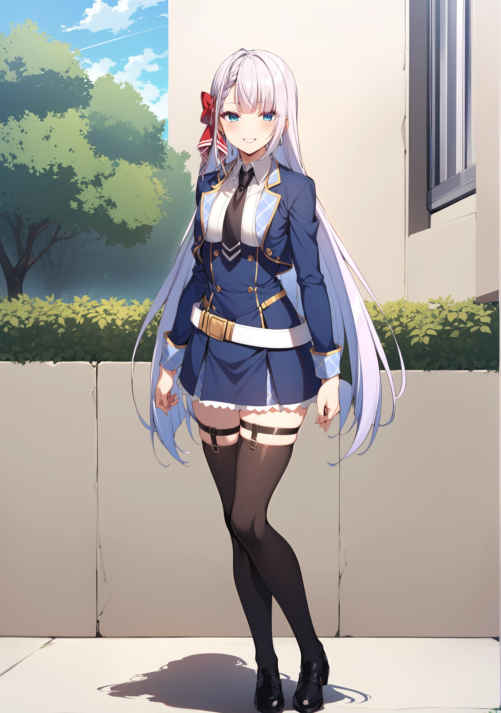 1girl, full body, smile, standing, outdoors, background park, looking at viewer, riselia-cag, hair ribbon, red ribbon, long hair, white shirt, blue jacket, collared shirt, blue skirt,  black necktie, school uniform, black shoes, black thighhighs, thighhighs strap,  <lora:Riselia-Cag-000011:1>