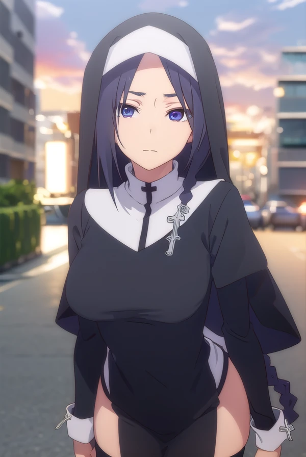 yaeshinatsuhiko, <lora:yae shinatsuhiko hnu-lora-nochekaiser:1>,
yae shinatsuhiko, long hair, (purple eyes:1.1), braid, black hair,
BREAK thighhighs, striped, cross, striped thighhighs, nun, habit, long sleeves, dress, jewelry, boots, necklace, side slit,
BREAK outdoors, city, sun, clouds,
BREAK looking at viewer, (cowboy shot:1.5),
BREAK <lyco:GoodHands-beta2:1>, (masterpiece:1.2), best quality, high resolution, unity 8k wallpaper, (illustration:0.8), (beautiful detailed eyes:1.6), extremely detailed face, perfect lighting, extremely detailed CG, (perfect hands, perfect anatomy),