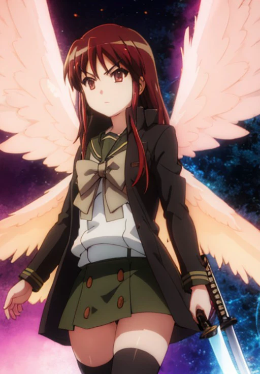 <lora:ShakugannoShana:1.0>, ShakugannoShana, ShanaFlame, solo, skirt, thighhighs, jewelry, school uniform, weapon, wings, serafuku, sword, zettai ryouiki, coat, cosplay, parody, katana, crossover, pendant, angel wings, voice actor connection,
