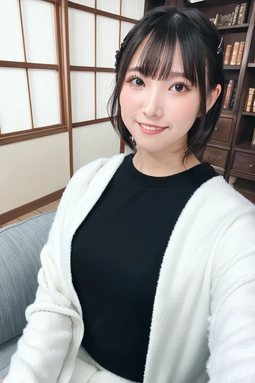 1girl, solo,(white snuggly wear:1.8),(cleavage cutout:1.0),(RAW photo, best quality), (realistic, photo-realistic:1.4), masterpiece, an extremely delicate and beautiful, extremely detailed, 2k wallpaper, Amazing, finely detail, extremely detailed CG unity 8k wallpaper, ultra-detailed, highres, soft light, beautiful detailed girl, extremely detailed eyes and face, beautiful detailed nose, beautiful detailed eyes,(soft light:1.8),(in the living room:2.0),perfect anatomy,(slender body:1.6),(close up face:1.8),(laugh ,Friendly, warm:2.0),(looking at viewer:1.8),(japanese idol:1.8),(brown eyes:1.8),(see through bangs:2.0),(sitting ont the sofa:1.8), <lora:sasaharayuu_lora-12:0.8>