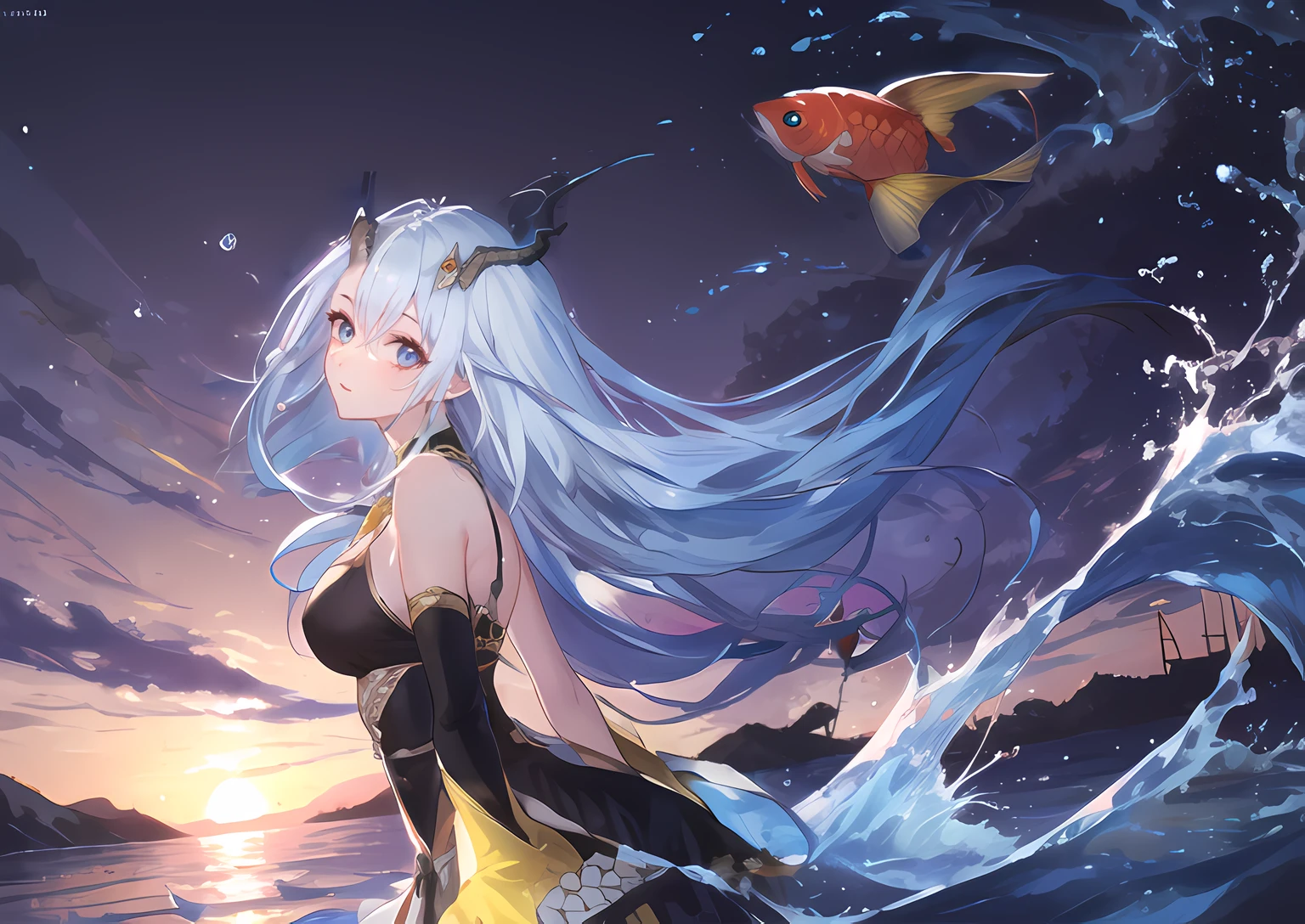 masterpiece,best quality,highres,cinematic lighting,dramatic angle,1girl,light blue hair,horns,broken horn,blue eyes,single wing,black dress,bare  shoulders,gauntlets,yellow gloves,water,scales,long hair,<lora:ShadowverseMizuchiDivivedV1-000012:0.8:lbw=forte>,tail,skirt,thigh strap,clothing cutout,bubbles,(fish leaping out of water,Koi carp,fancy carp:1.2),floating hair,jumping out of water,arched back, upper body,leaping out of water,from above,wave,from side,bottom under water,sunrise,sea level,turning head,looking at viewer,